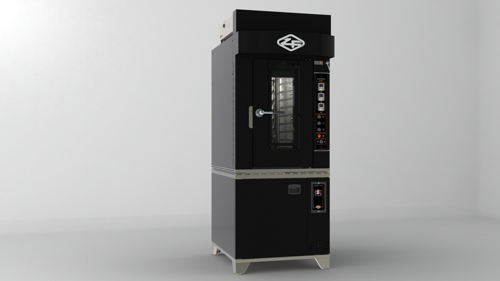 A commercial black and stainless steel convection oven with a glass front door, control panel on the right side, and a logo on top, standing in a plain, light-colored room.