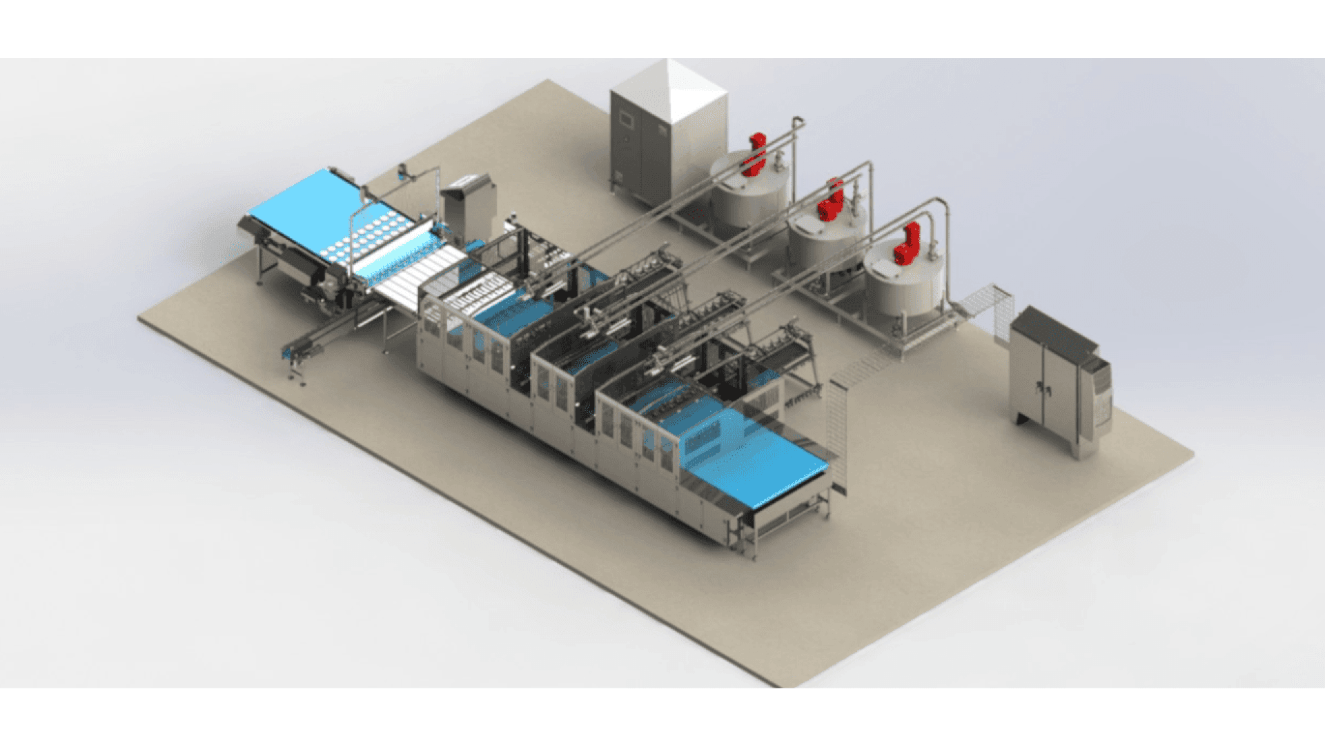 Ein 3D-gerendertes Bild einer automatisierten industriellen Lebensmittelverarbeitungslinie mit Förderbändern, Metallmaschinen, zwei Mischtanks mit roten Komponenten und einem Bedienfeld auf einer beigen Plattform.