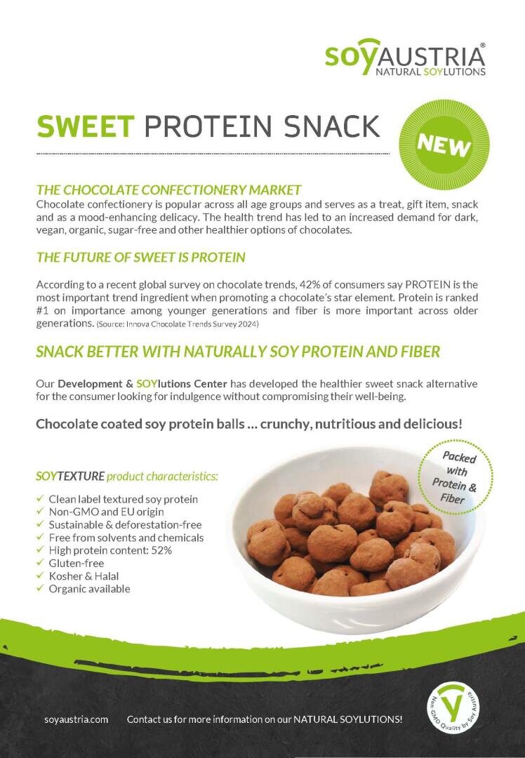 An informational flyer for Soy Austrias Sweet Protein Snack, featuring chocolate-coated protein balls on a plate, product highlights, benefits, and nutritional information on a white and green background.