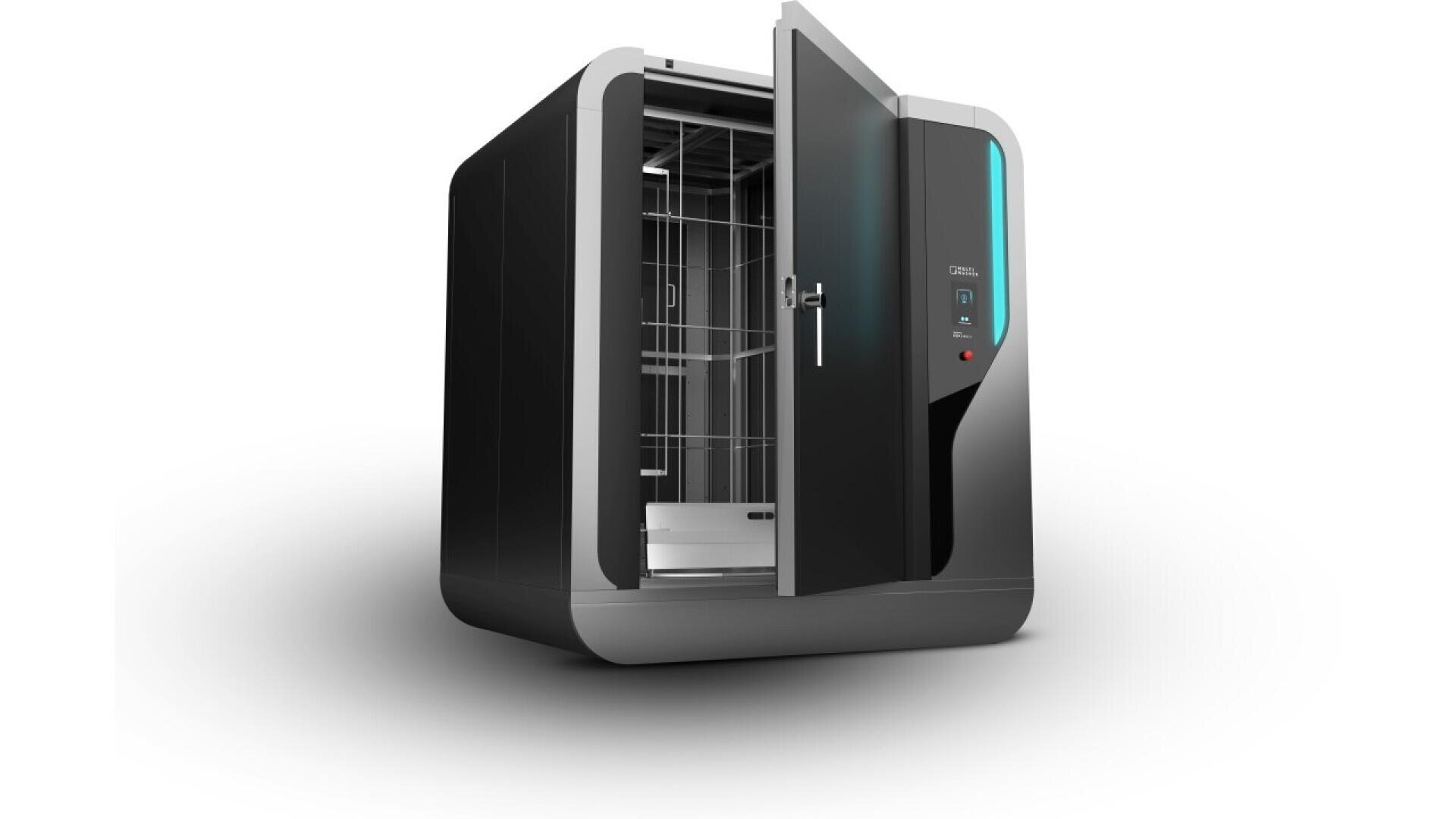 A modern, metallic, rectangular sanitizing chamber with a partially open door, revealing an empty interior with metal racks and a digital control panel on the front right side.