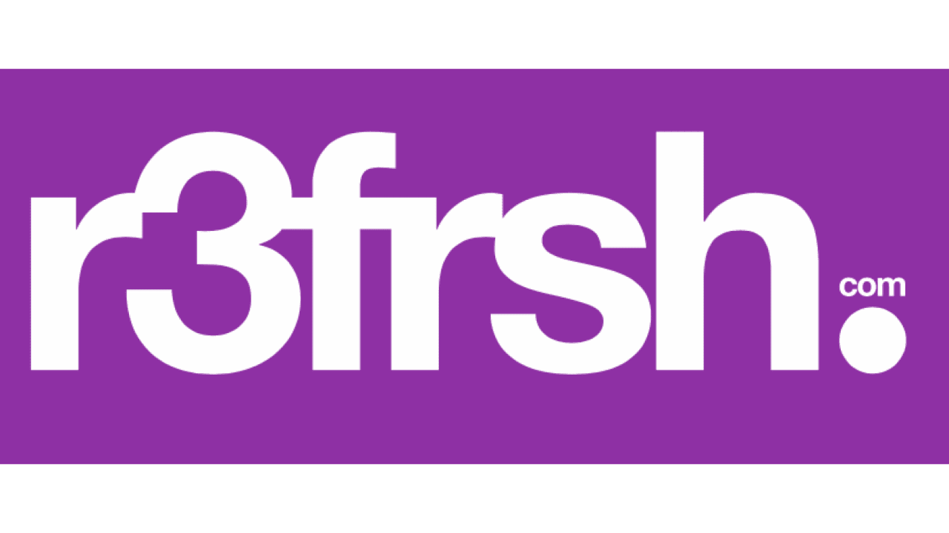 The image shows the text r3frsh.com in bold white letters on a purple background, with the letter e replaced by the number 3.