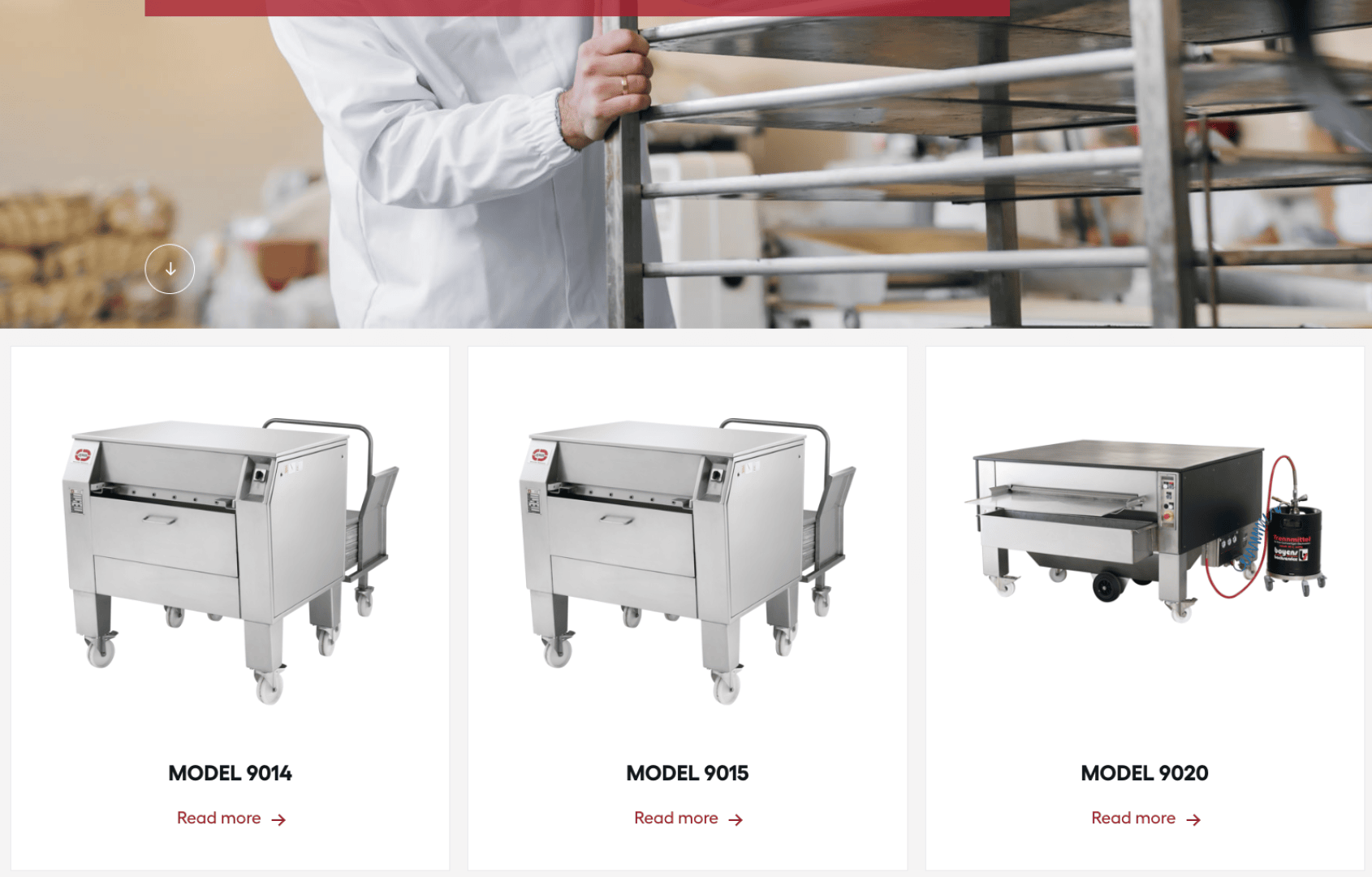 A person in a white coat pushes a metal rack. Below, three stainless steel commercial kitchen machines labeled MODEL 9014, MODEL 9015, and MODEL 9020 are displayed on a white background.