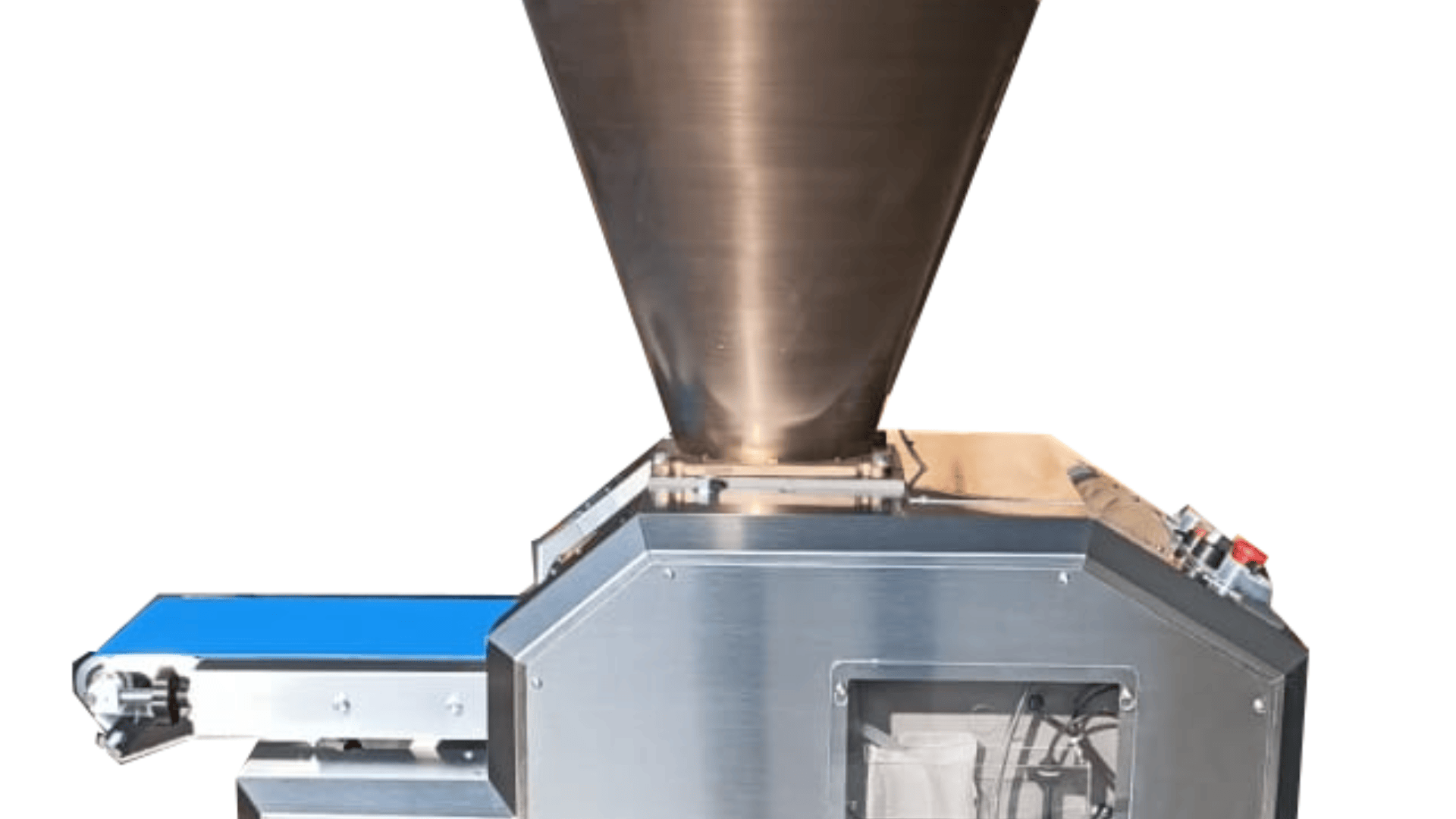 A stainless steel industrial machine with a large conical hopper on top, a blue conveyor belt on the left, and control buttons on the right side.