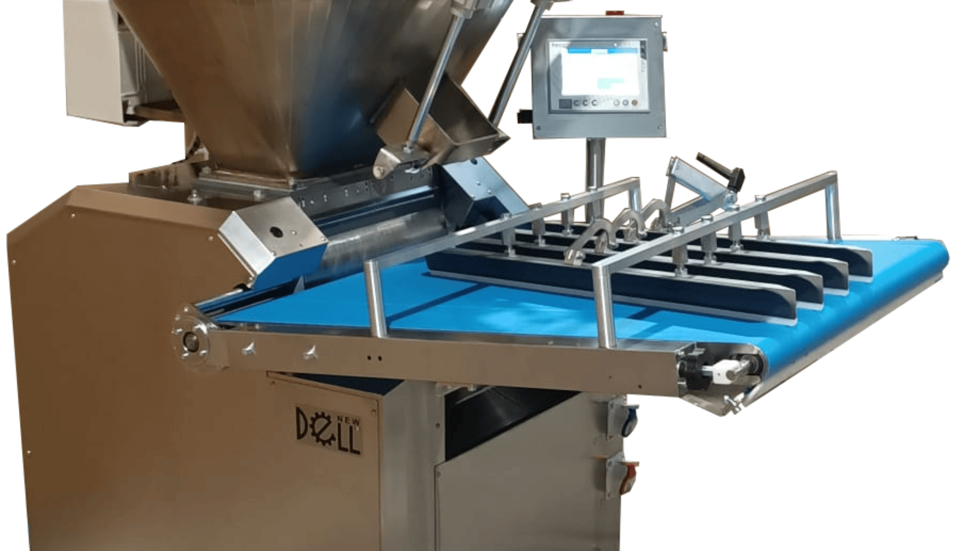 A stainless steel industrial food processing machine with a touchscreen control panel and a blue conveyor belt, used for portioning or sorting food products.