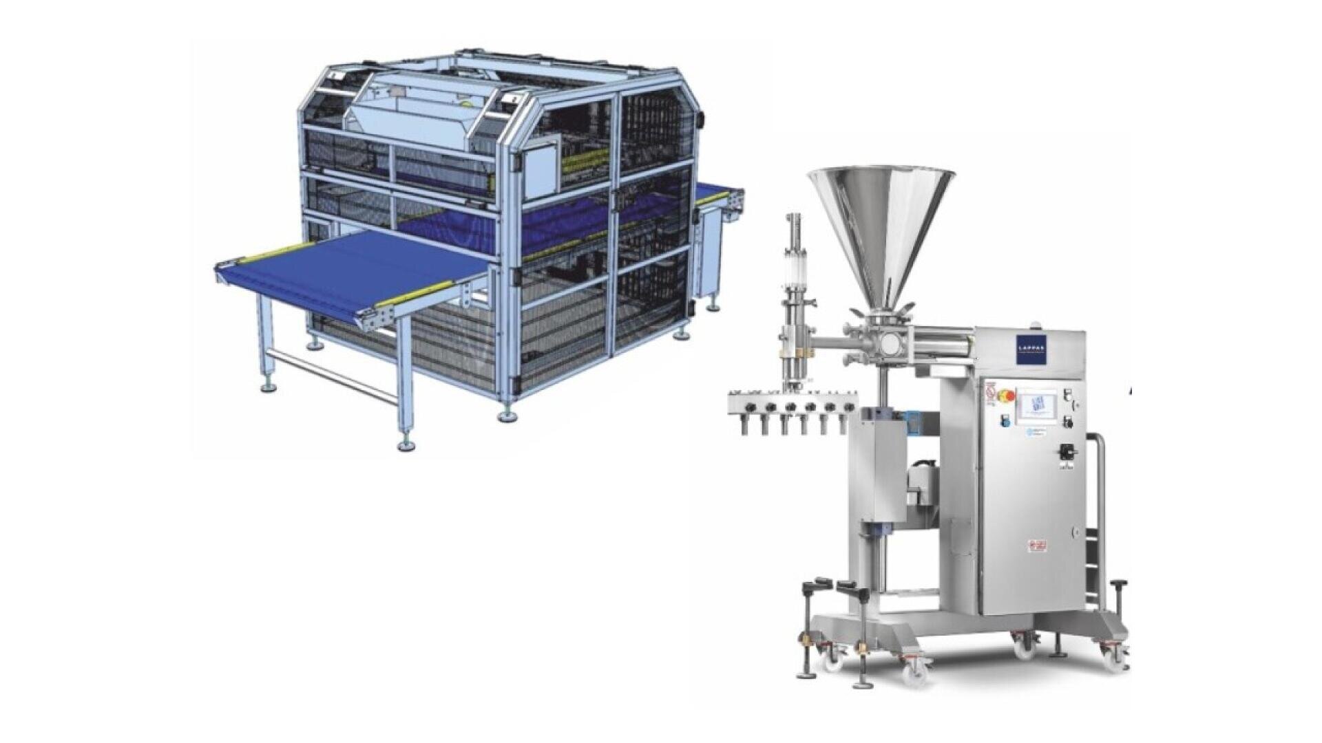 3D-Darstellung einer Drahtgeflecht-Förderbandmaschine neben einer industriellen Abfüllmaschine aus Edelstahl mit großem Trichter und Bedienfeld.