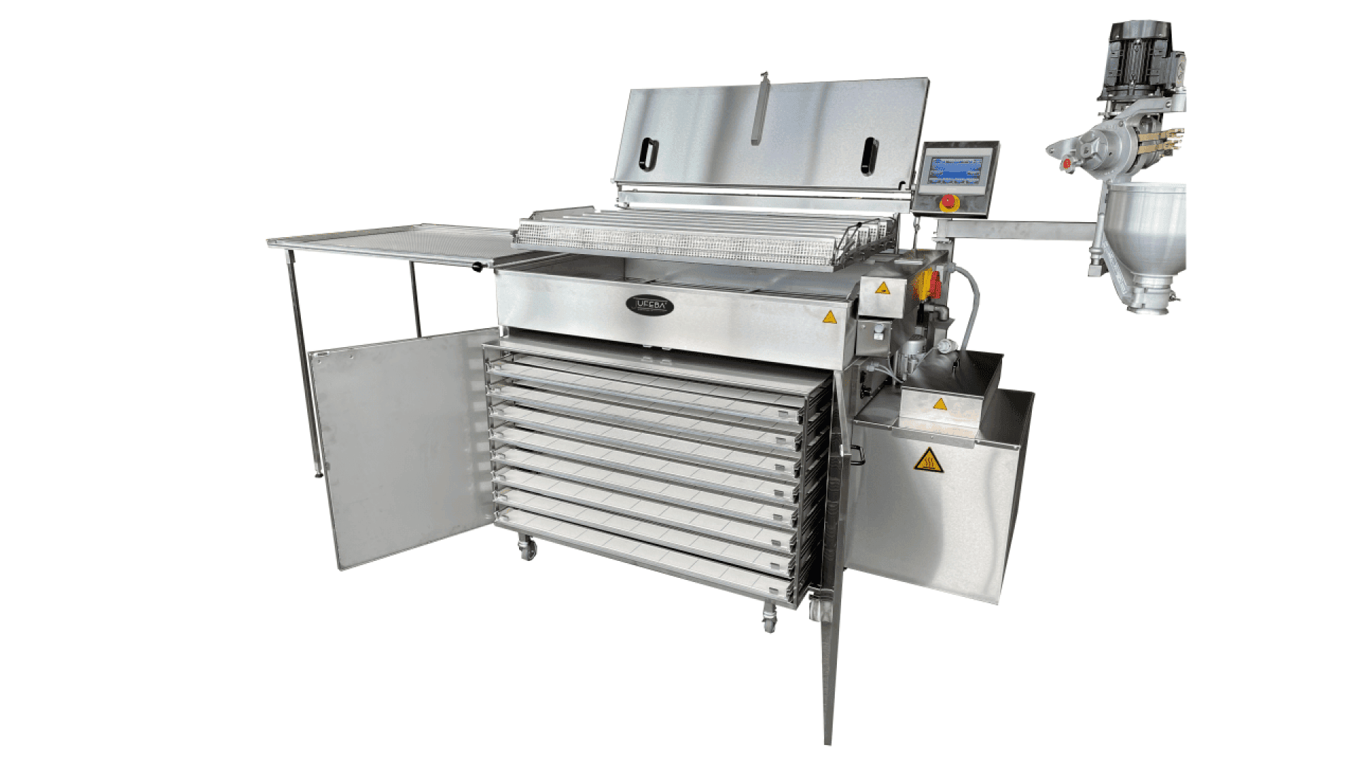 Industrial stainless steel food processing machine with multiple trays, control panel, mixer attachment, and open side panels, designed for automated production in a commercial kitchen or factory setting.