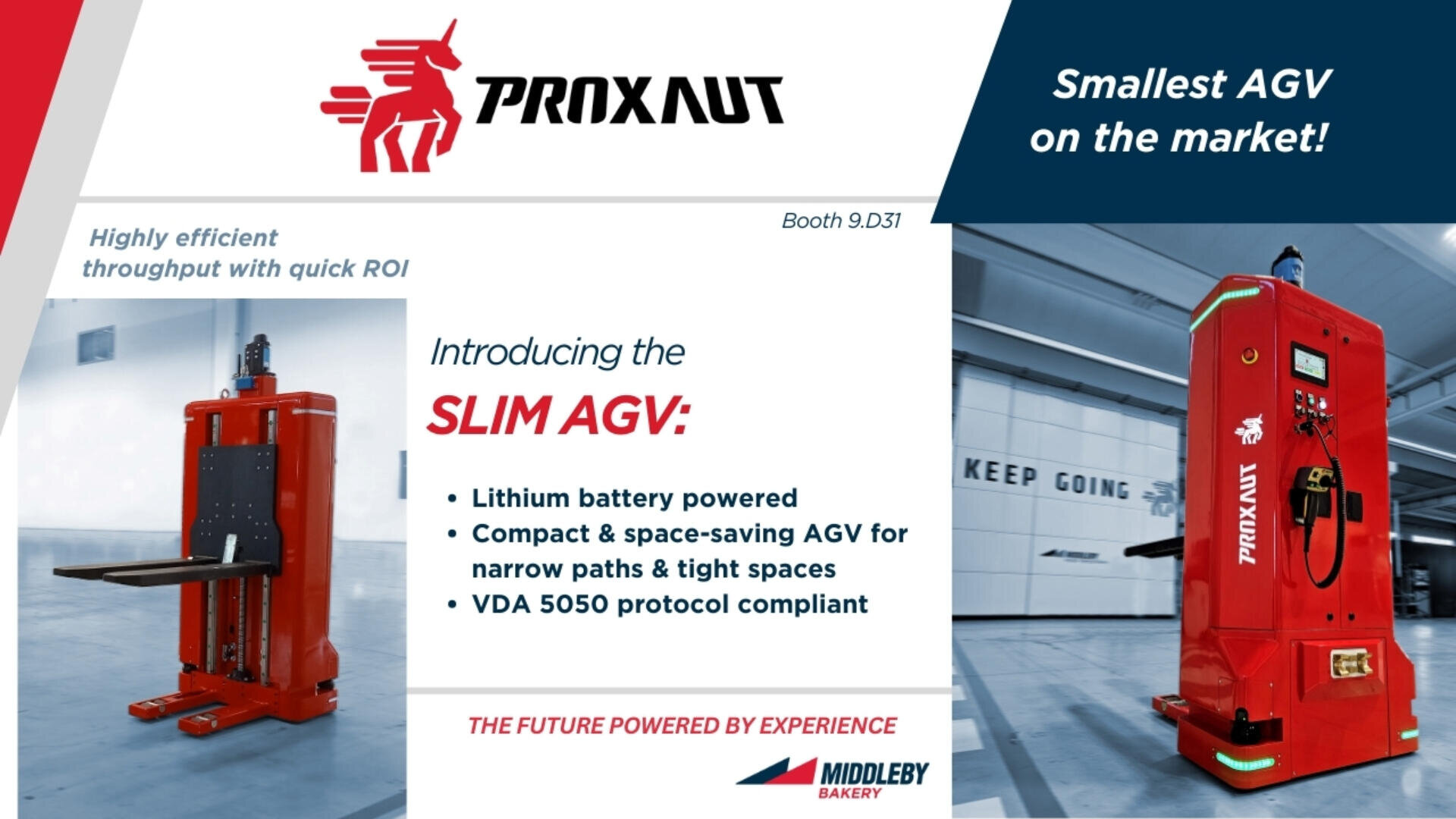 Promotional banner for PROXAUT’s SLIM AGV, featuring two red automated guided vehicles in a warehouse. Text highlights its compact, lithium battery-powered design and VDA 5050 protocol compliance.