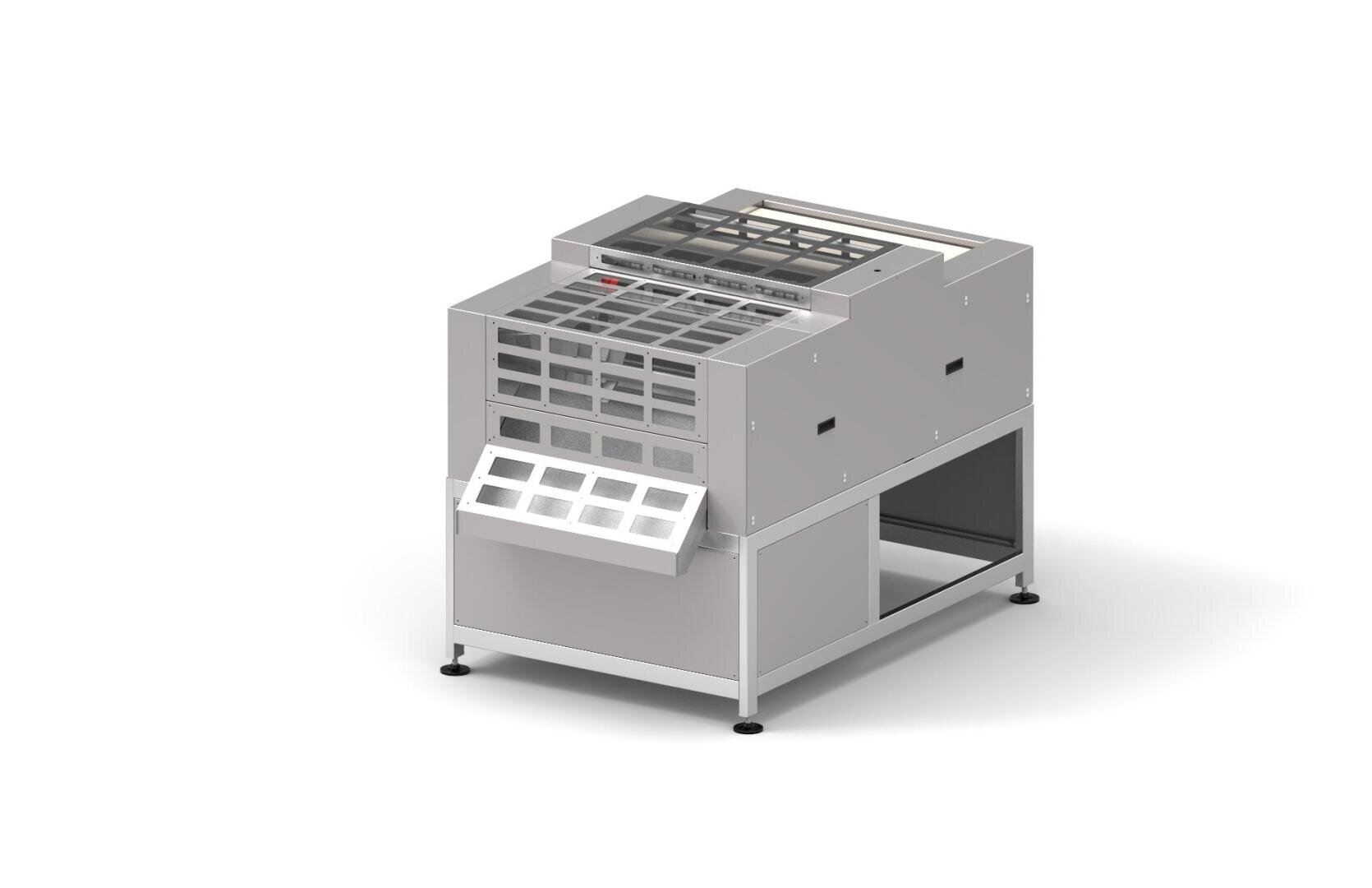 A stainless steel industrial machine with a grid-like top, front display panel, open compartments, and adjustable legs, designed for sorting or processing items in a commercial setting.