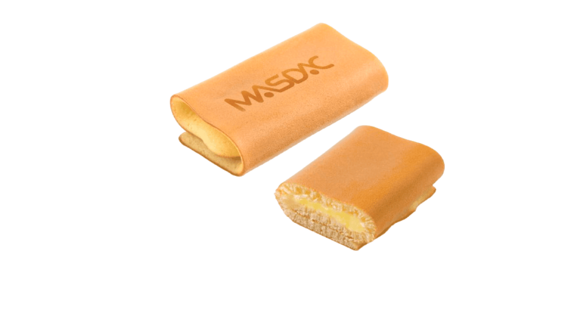 Zwei rechteckige Gebäcke, ein ganzes und ein aufgeschnittenes, das eine cremige gelbe Füllung und ein helles Inneres offenbart. Das ganze Gebäck ist oben mit MASDAC bedruckt. Beide Gebäckstücke stehen auf weißem Hintergrund.