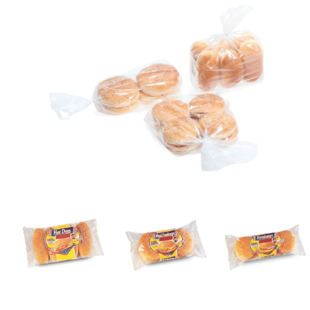 Three clear plastic bags with hamburger and hot dog buns are at the top. Below, three packs of buns are labeled “Hot Dog Buns” and “Hamburger Buns” in plastic packaging with yellow and red labels.
