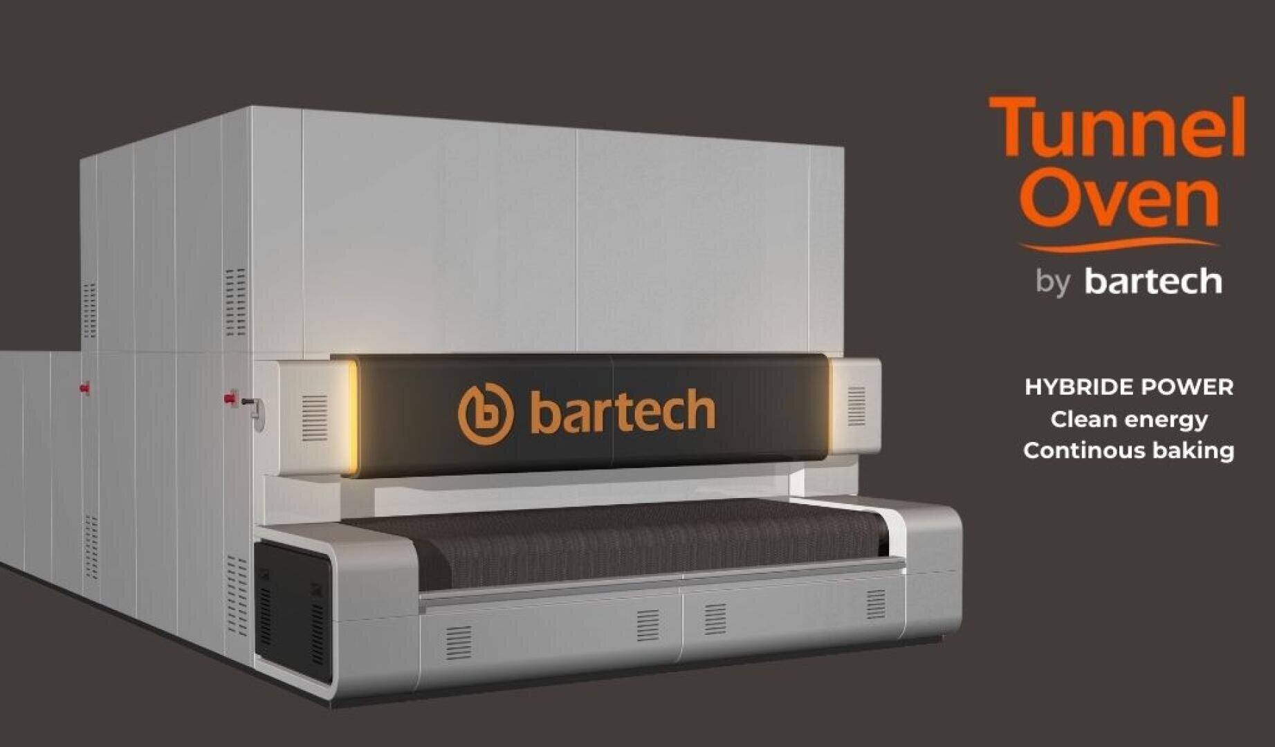 Ein großer industrieller Tunnelofen mit dem Bartech-Logo, der mit Hybridantrieb für saubere Energie und kontinuierliches Backen beworben wird. Der Text lautet: Tunnelofen von Bartech. HYBRIDANTRIEB, saubere Energie, kontinuierliches Backen.
