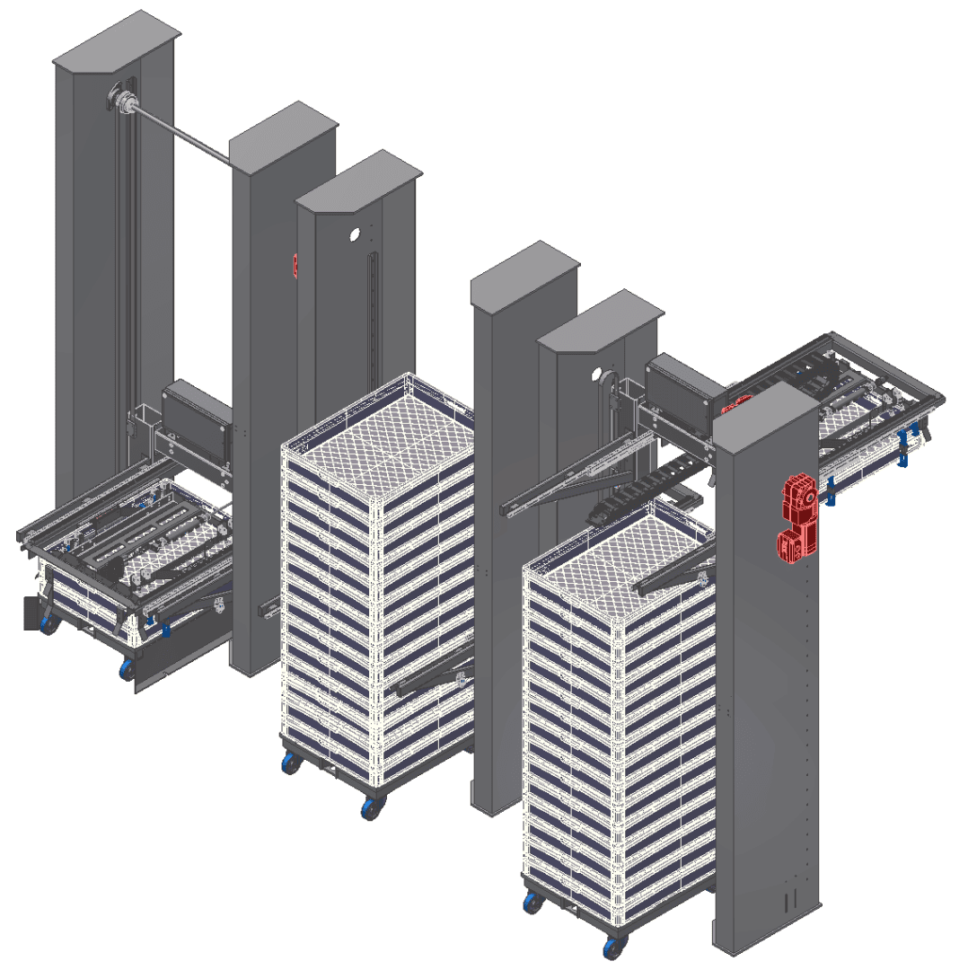 3D-Darstellung einer automatischen Maschine zum Stapeln und Entstapeln von Tabletts auf Rollwagen mit mechanischen Armen, die die Tabletts zwischen den gestapelten Positionen transportieren.