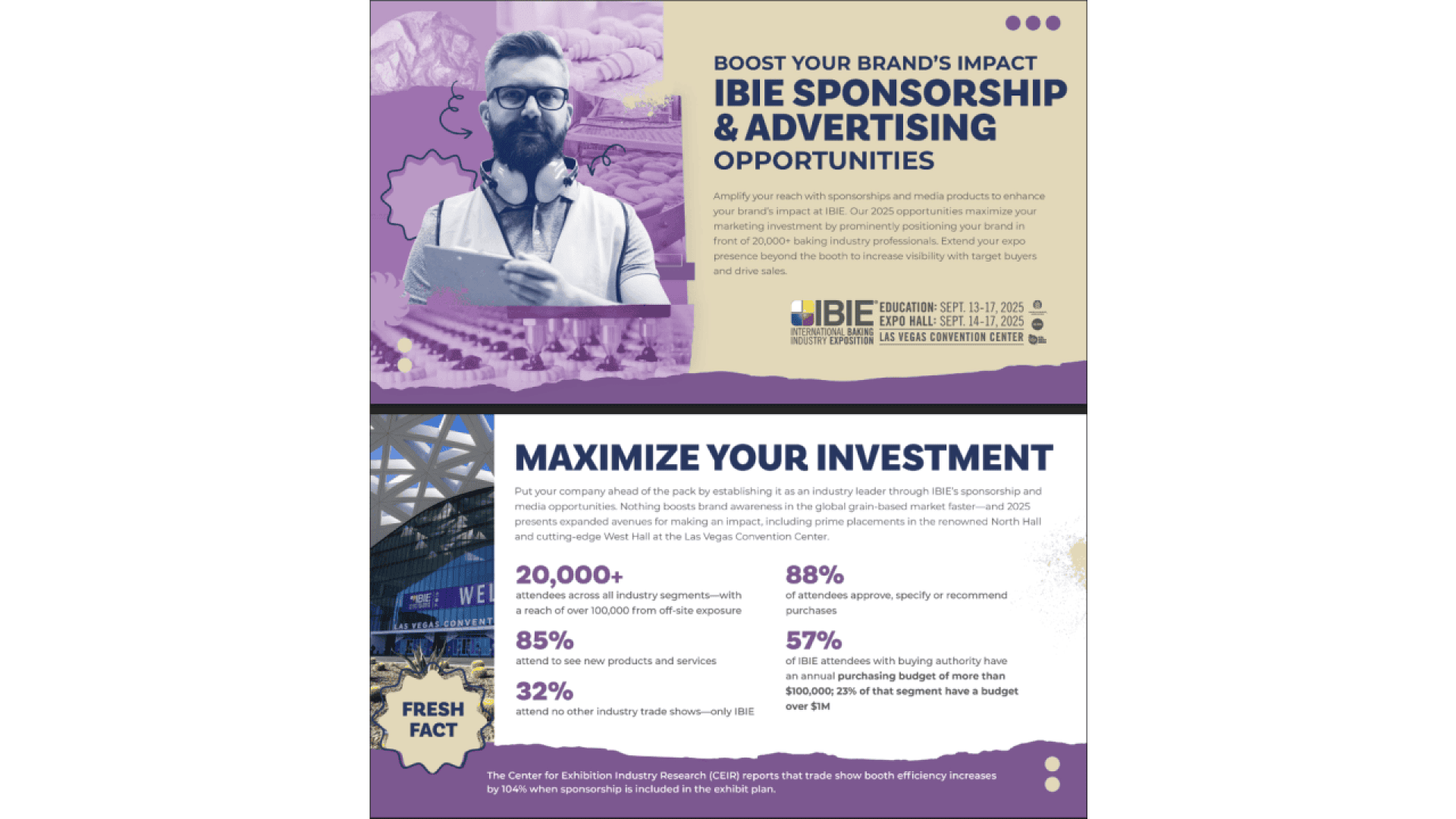 Ein Werbeflyer für IBIE-Sponsoring- und Werbemöglichkeiten zeigt einen bärtigen Mann mit Brille und Kopfhörern, Veranstaltungsdetails und Statistiken, die die Teilnehmerzahlen und Investitionsvorteile für Marken hervorheben.