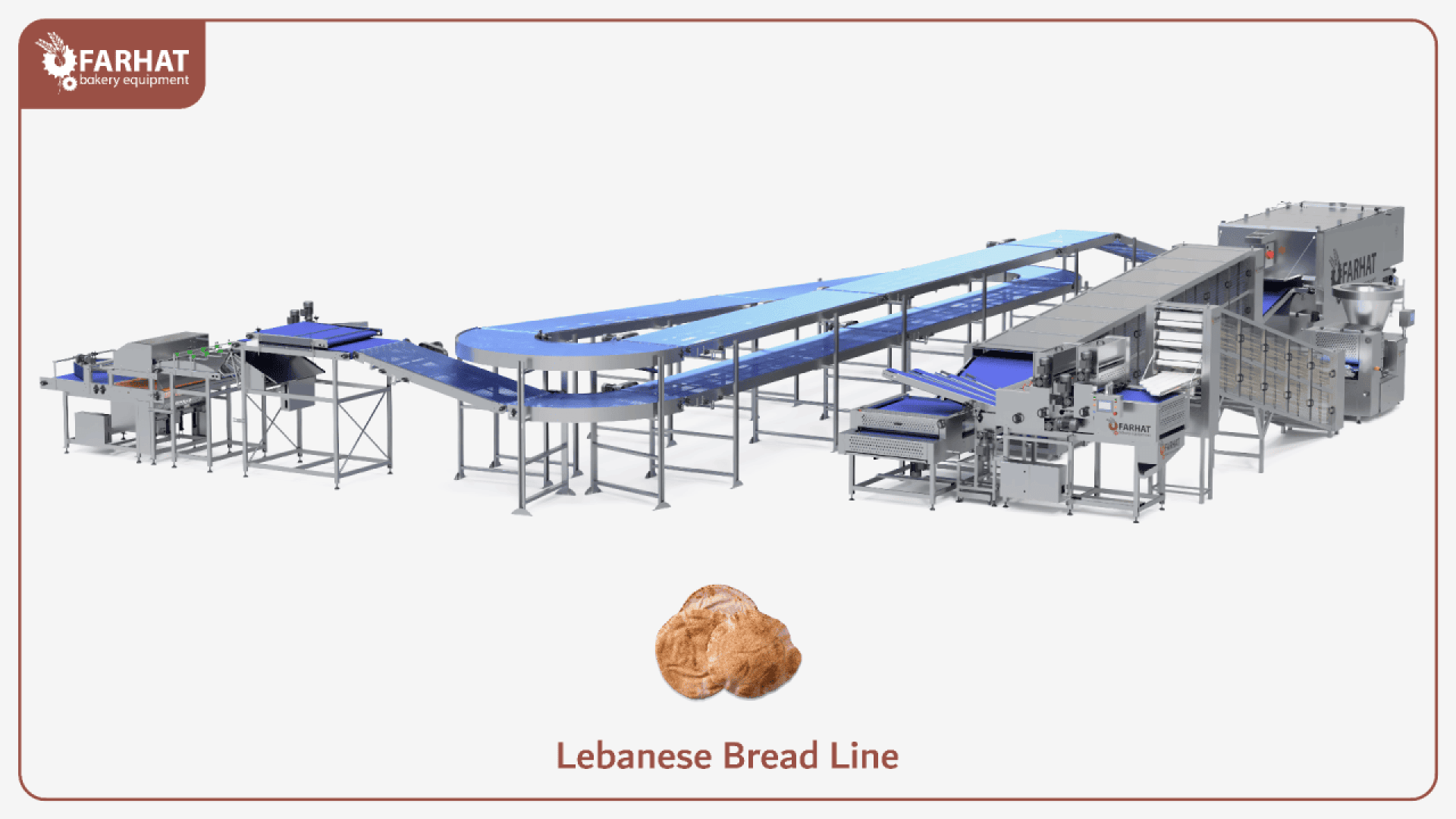 Eine moderne automatisierte Produktionslinie für libanesisches Brot mit blauen Förderbändern und Maschinen aus rostfreiem Stahl, dargestellt unter dem Logo von Farhat Bakery Equipment. Darunter sind ein Stück Brot und der Text "Lebanese Bread Line" zu sehen.