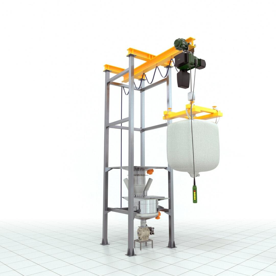 A metal frame structure with an overhead hoist lifting a large white bulk bag above a hopper and valve system, used for industrial material handling in a clean, white environment.