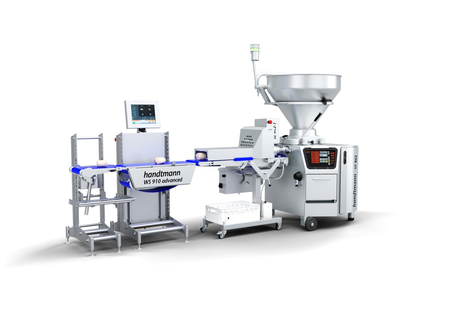 Eine moderne industrielle Lebensmittelverarbeitungsmaschine mit der Bezeichnung Handtmann WS 910 advanced mit einem Bedienfeld, einem Förderband, einem großen Trichter und verschiedenen Metallkomponenten, die für die automatisierte Lebensmittelproduktion entwickelt wurde.
