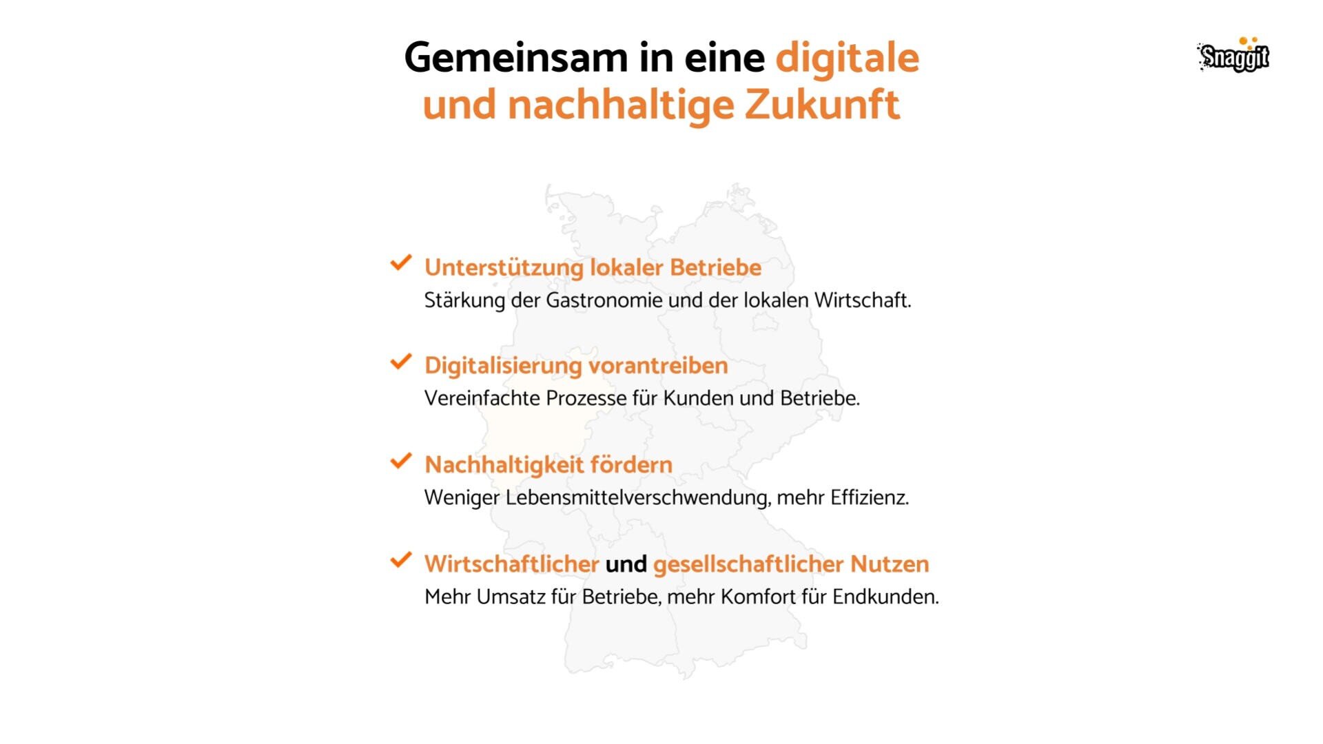 Infografik mit vier orangefarbenen Häkchen vor Stichpunkten, die Vorteile für eine digitale und nachhaltige Zukunft aufzählen, auf einer Deutschlandkarte im Hintergrund. Überschrift: „Gemeinsam in eine digitale und nachhaltige Zukunft“.