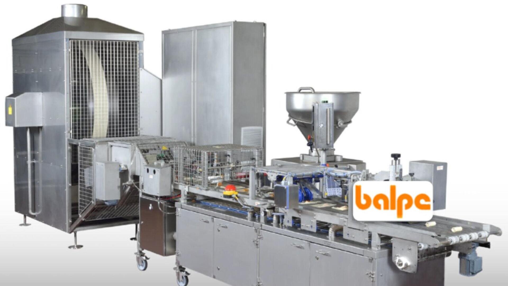 Industrial food processing machine with metal components, conveyor belts, and a large funnel, featuring the balpe logo on a white panel in the foreground.