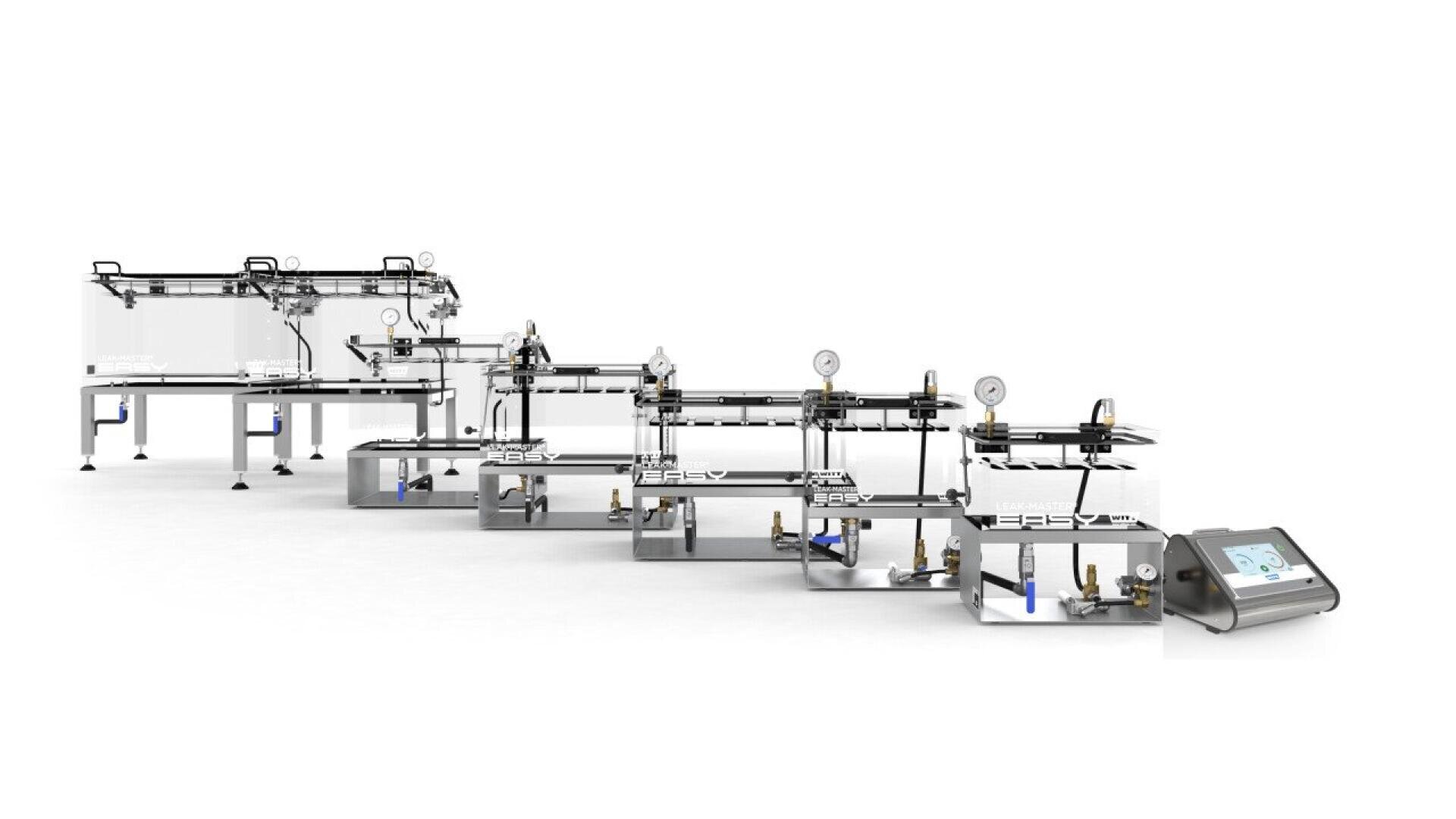 A modular laboratory flow system with multiple interconnected metal and glass apparatuses, gauges, pipes, and a digital control panel, all arranged in a row on a white background.