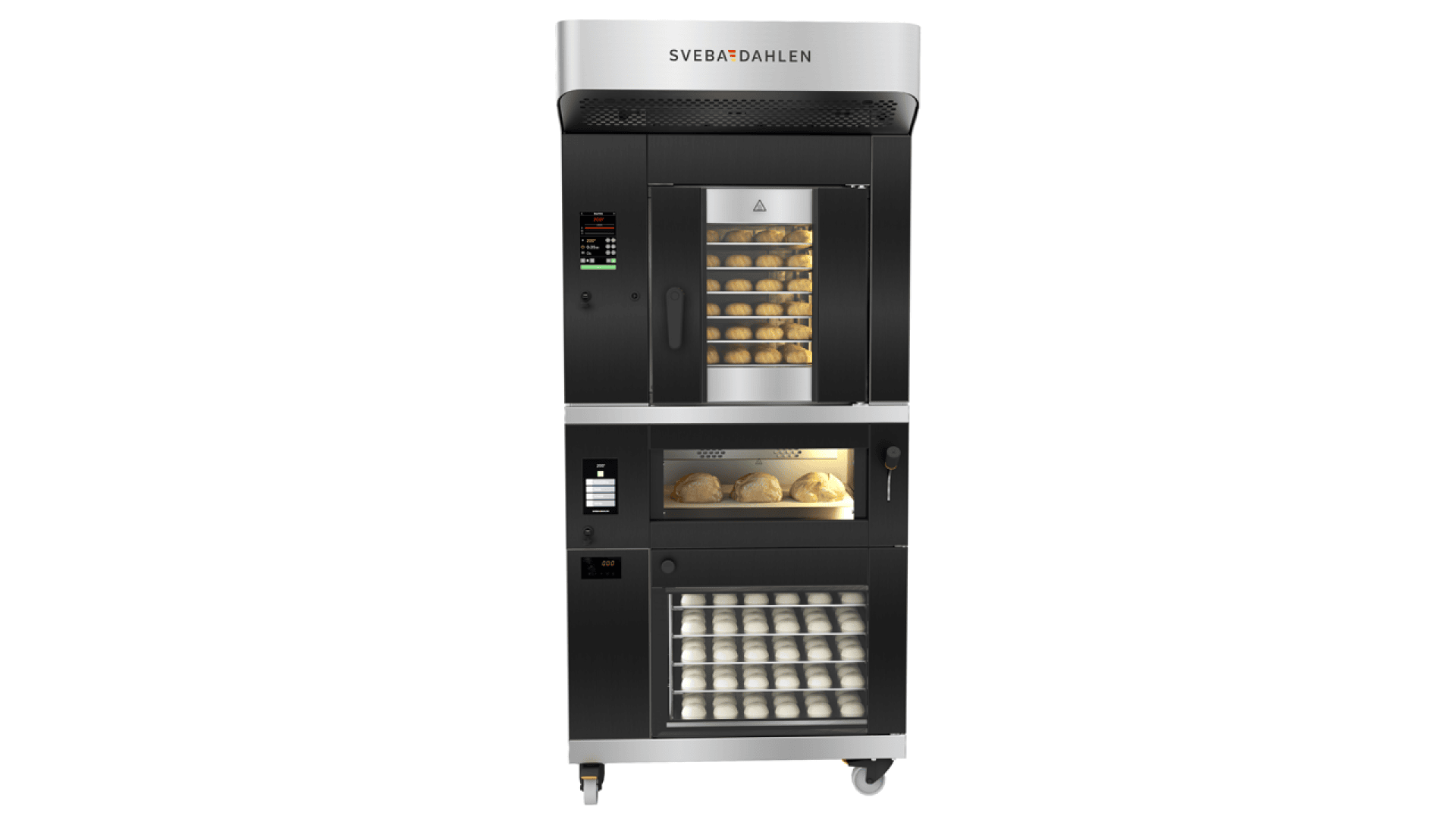 A large commercial oven by Sveba Dahlen, with multiple compartments; the top section baking buns, the middle section baking loaves, and the bottom section storing trays, all set in a sleek black and silver design on wheels.
