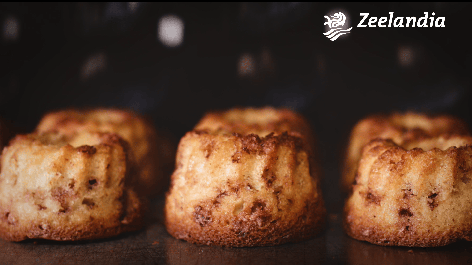 Nahaufnahme mehrerer goldbrauner Mini-Gugelhupfe auf dunklem Untergrund, mit dem Zeelandia-Logo in Weiß in der oberen rechten Ecke.