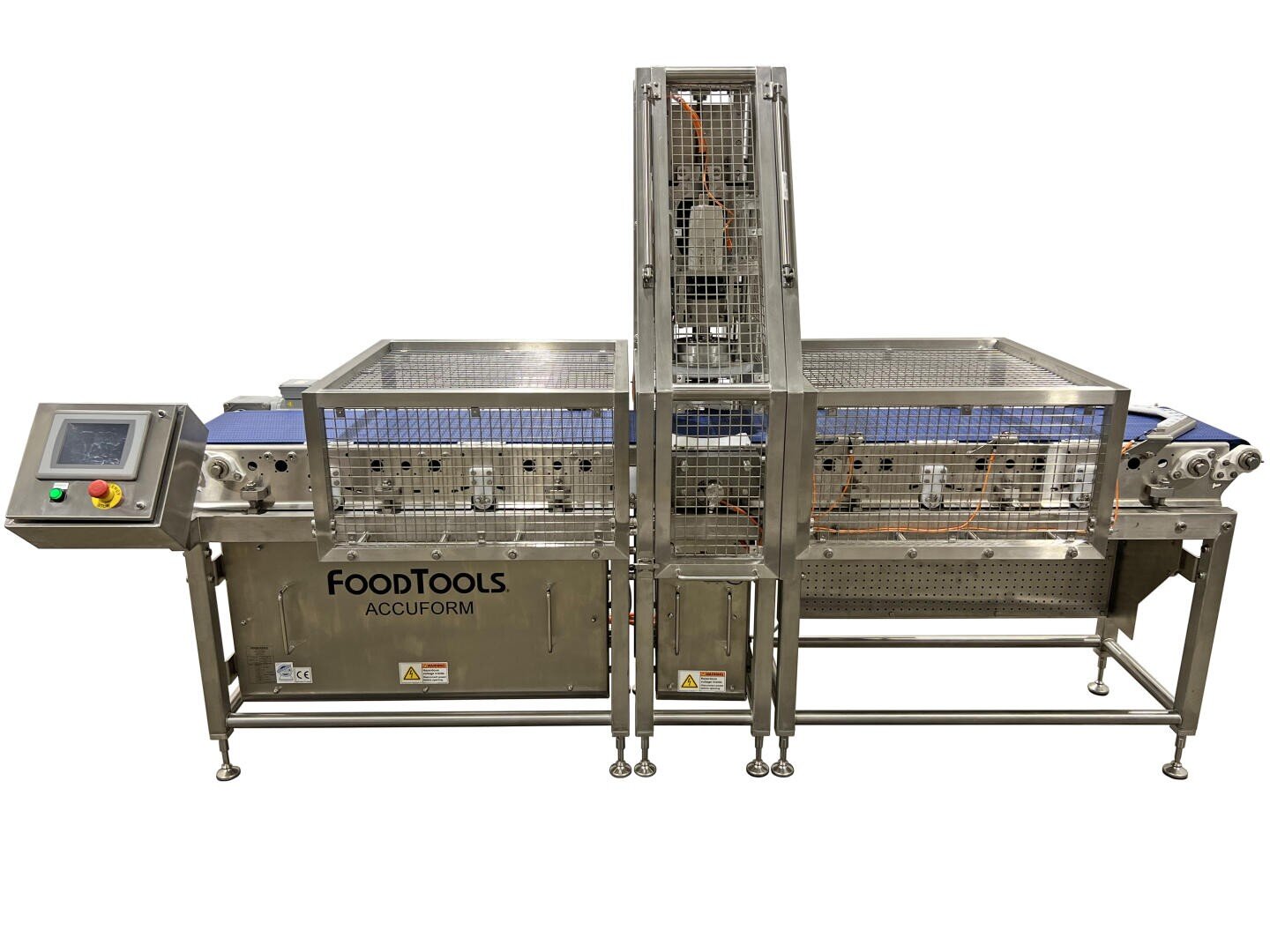 A stainless steel industrial food processing machine labeled FoodTools ACCUFORM with a conveyor belt, control panel, and safety guard panels on all sides.