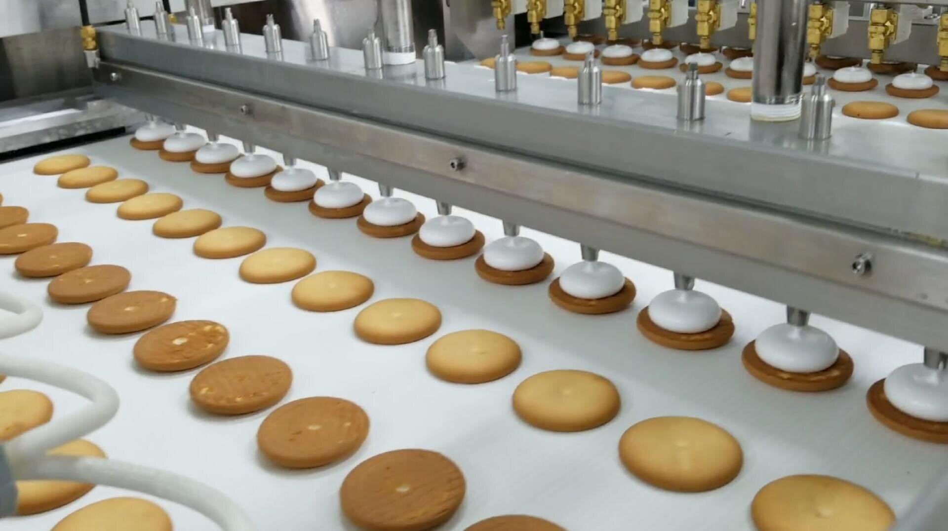 Cookies move along a conveyor belt as a machine dispenses white cream onto each cookie in neat rows, part of an automated food production process in a factory setting.