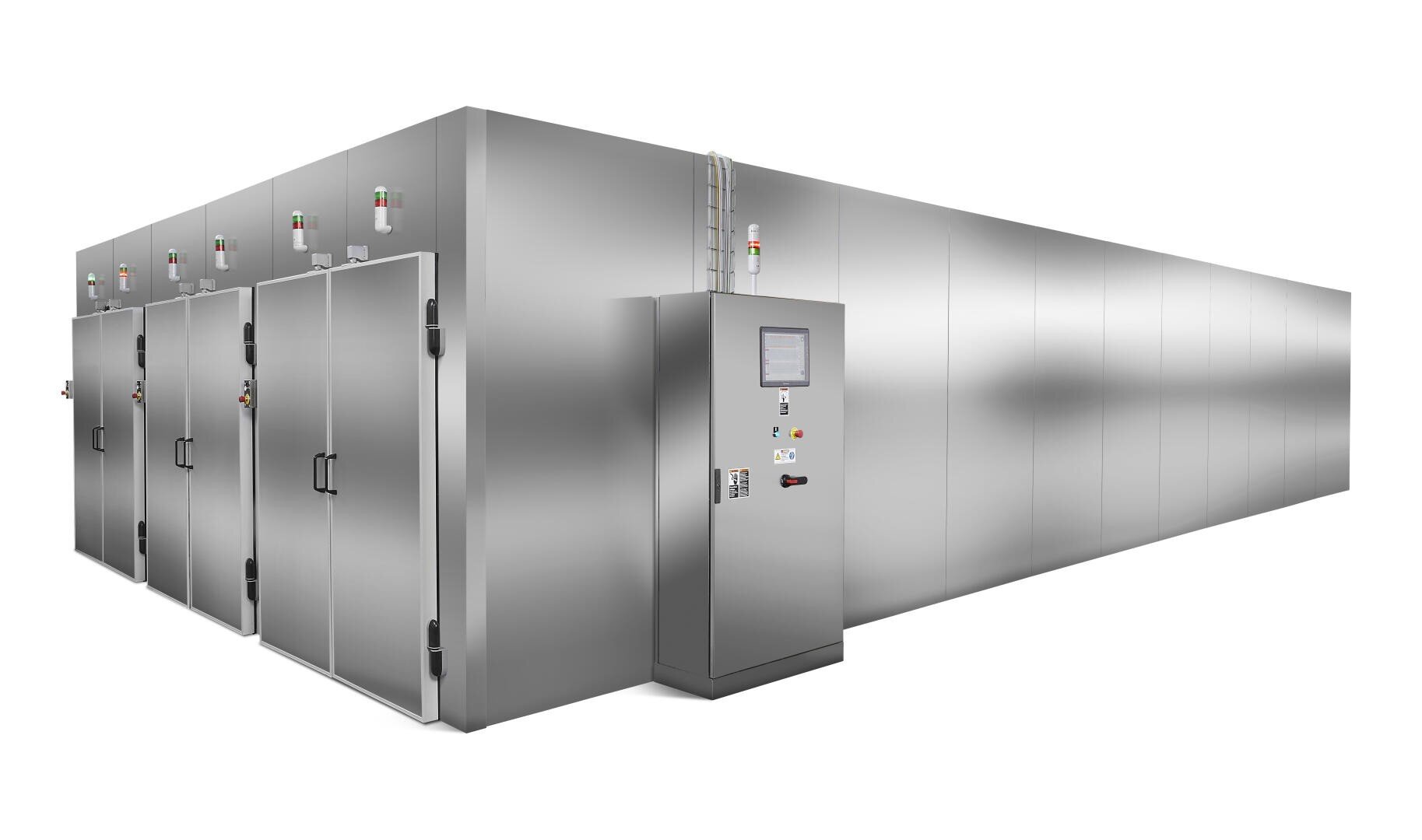 Large industrial stainless steel oven or drying chamber with multiple doors and a control panel on the exterior, designed for commercial or industrial use, set against a plain white background.