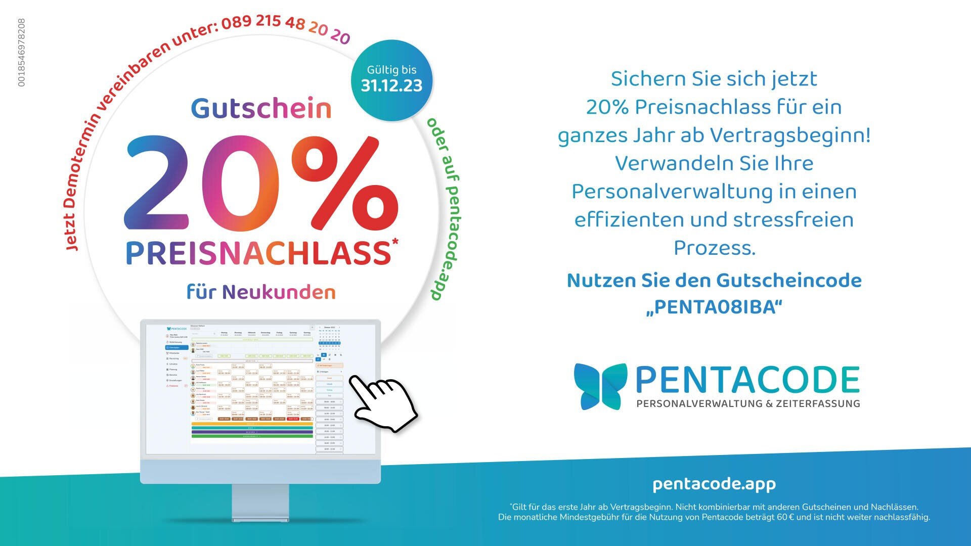 Ein Werbebild für Pentacode bietet einen 20 %-Rabattgutschein für Neukunden, gültig bis zum 31.12.23, mit einem Musterbildschirm, Kontaktinformationen und einem blau-grünen Kreisdesign.