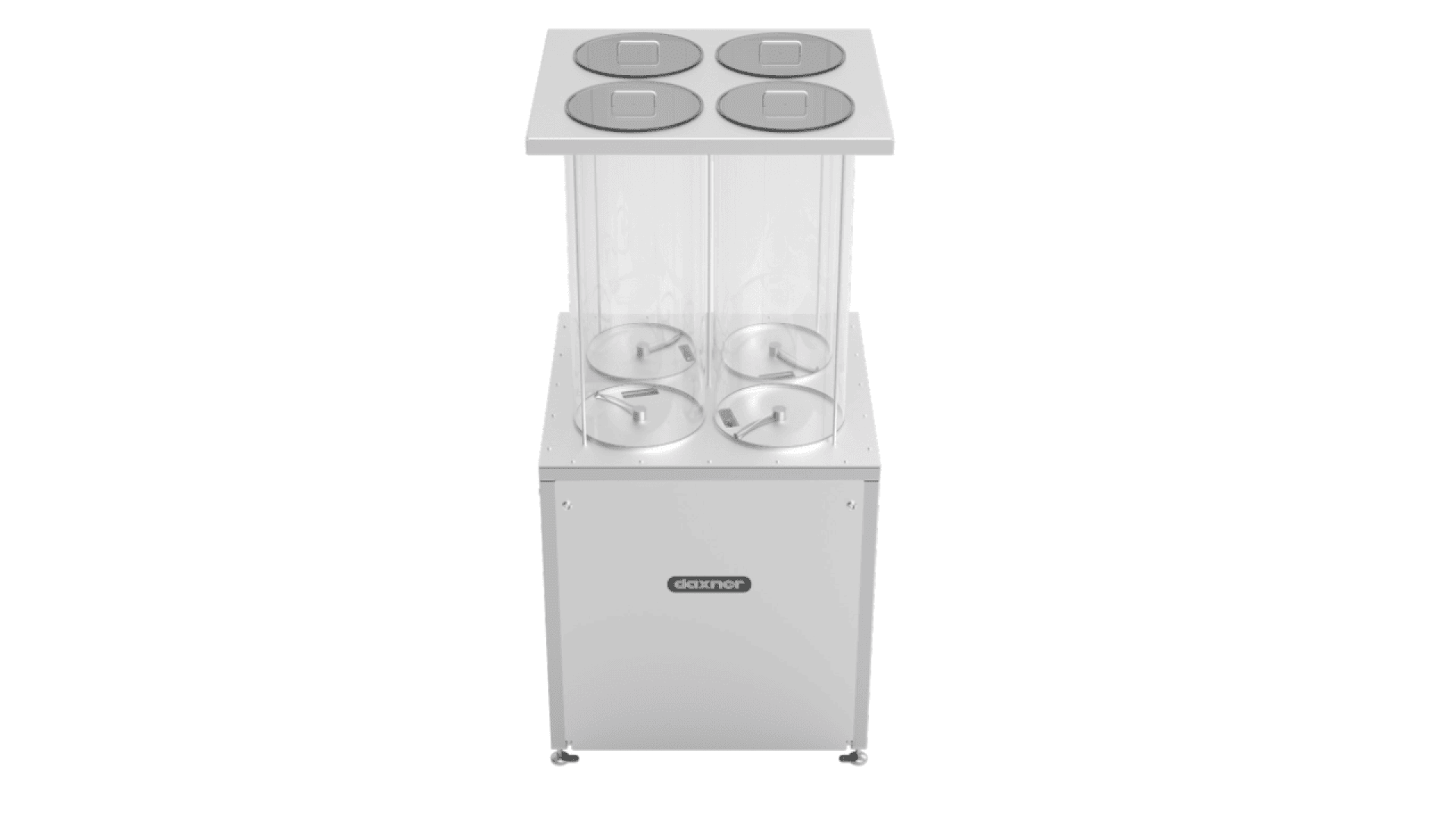 A stainless steel commercial ice cream freezer with four round covered bins on the top and side, transparent upper display, and caster wheels at the base. The brand name “ozmher” is visible on the front panel.