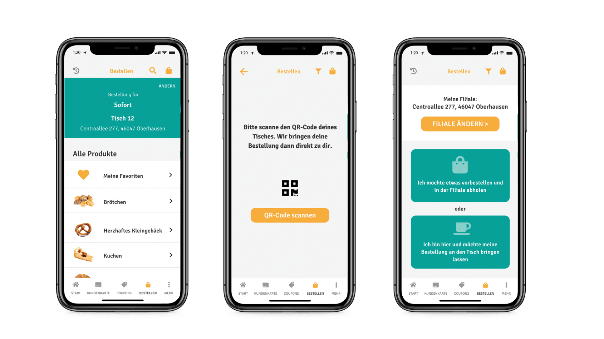 Drei Smartphones zeigen eine deutschsprachige Benutzeroberfläche einer Essensbestellungs-App an, die ein Produktmenü, eine Aufforderung zum Scannen eines QR-Codes und Optionen zum Wechseln des Standorts oder zur Auswahl von Bestellpräferenzen enthält.