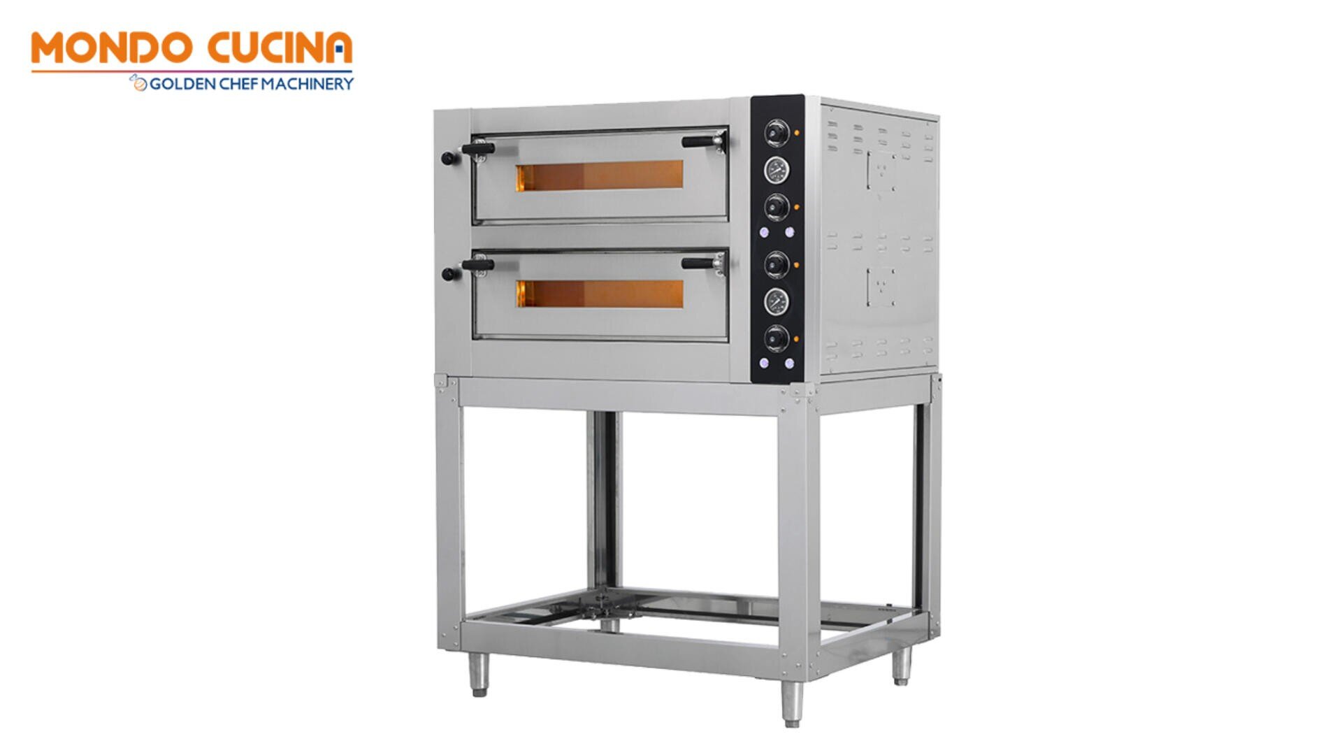 A stainless steel double-deck commercial pizza oven with control knobs on the side and glass windows on each oven door, positioned on a metal stand. The Mondo Cucina logo is in the top left corner.