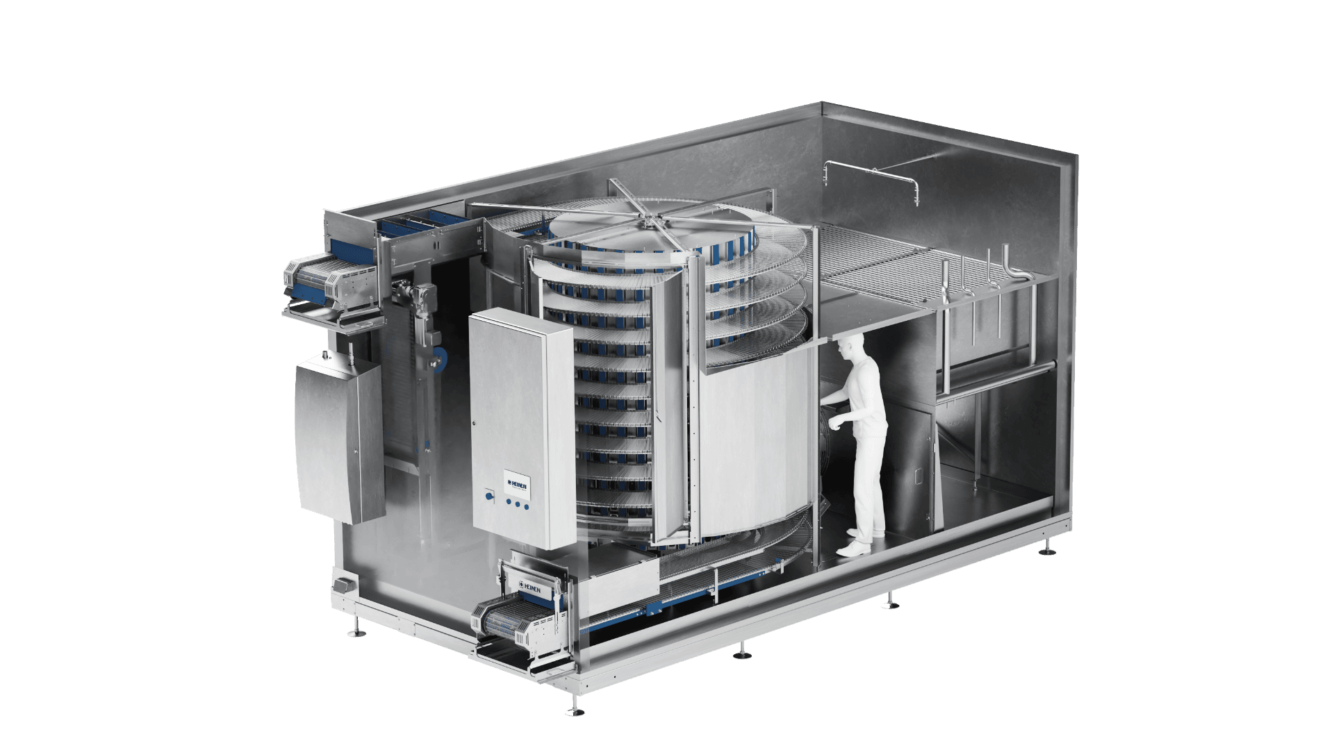 Eine große industrielle Lebensmittelverarbeitungsmaschine mit einem Spiralfördersystem, Edelstahlgehäuse, Schalttafeln und einer menschlichen Figur zur Veranschaulichung der Größe und des Betriebsaufbaus der Maschine.