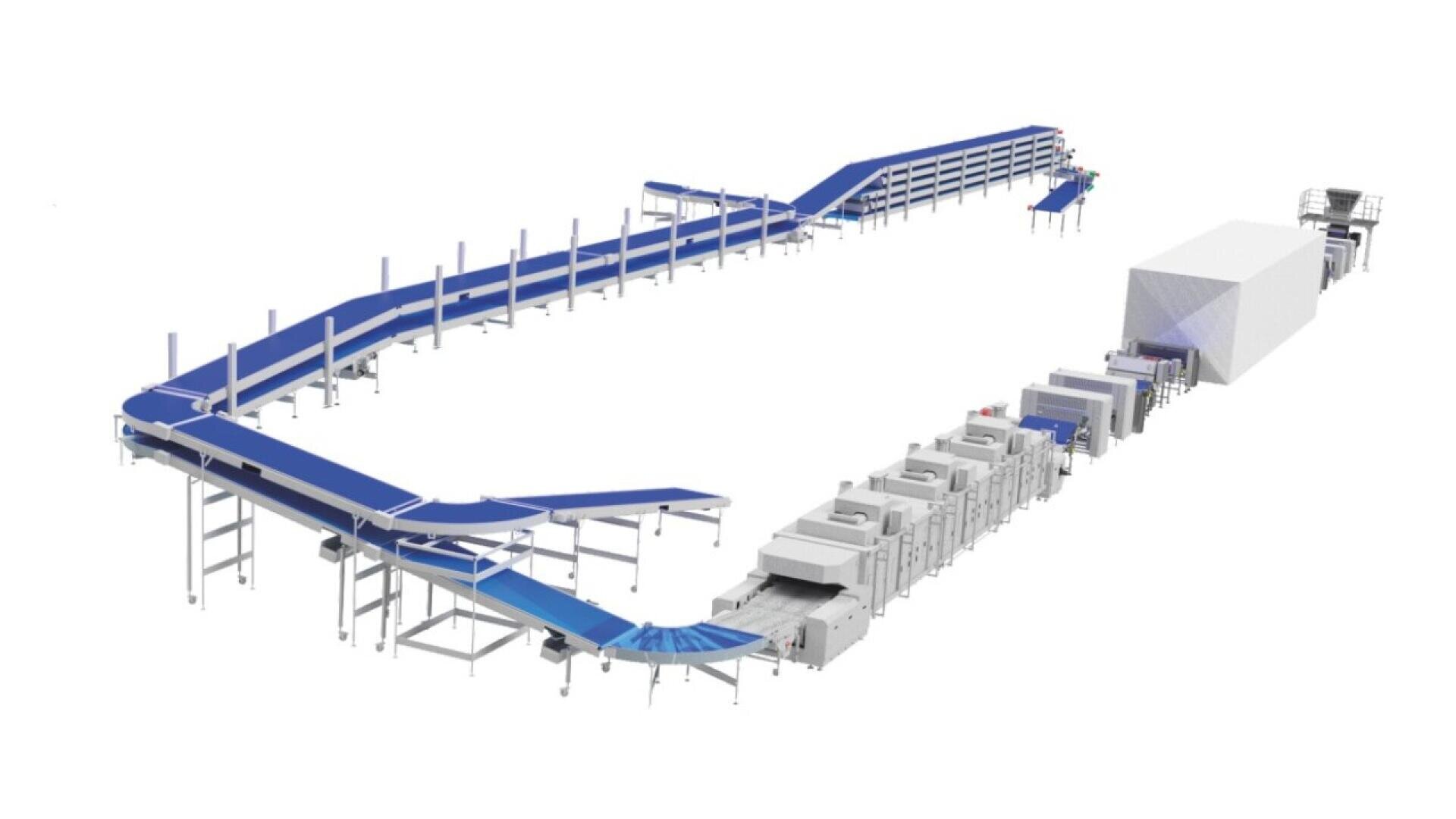 Ein großes automatisiertes Fördersystem mit blauen Bändern, Metallstützen und Maschinen transportiert Gegenstände durch verschiedene Verarbeitungsstationen und endet in einem überdachten Bereich. Der Hintergrund ist weiß.
