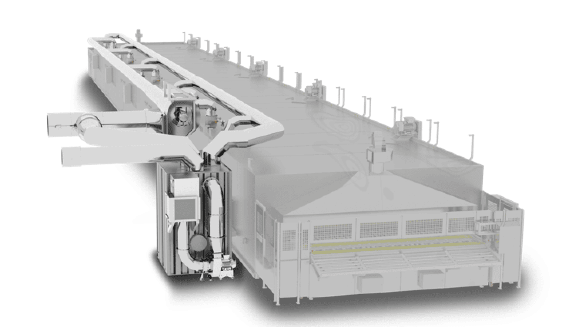 A large, industrial food processing machine with conveyor belts and multiple mechanical components, designed for automated manufacturing in a factory setting. The machine appears metallic with various access panels and control units.