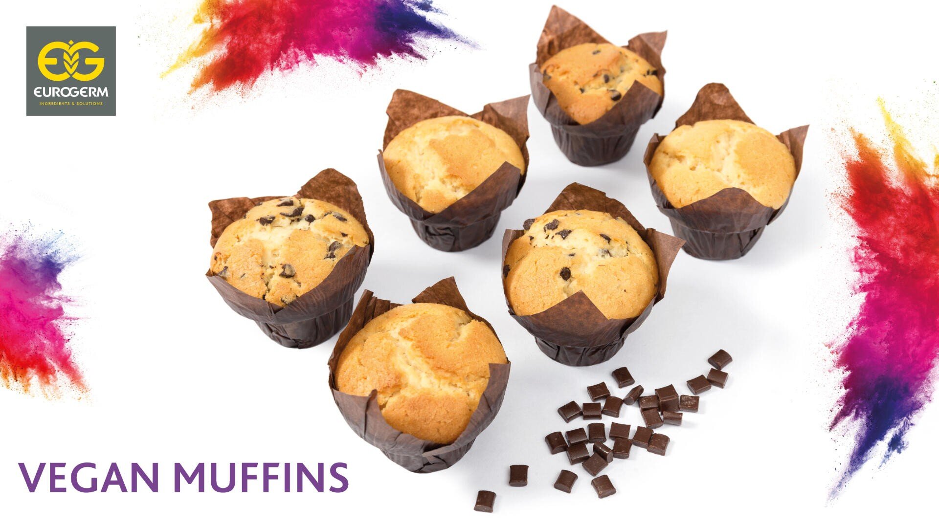 Six vegan muffins in brown paper wrappers are arranged on a white surface with chocolate chunks scattered nearby. The Eurogerm logo is in the top left, and VEGAN MUFFINS is written at the bottom. Bright splashes of color frame the image.