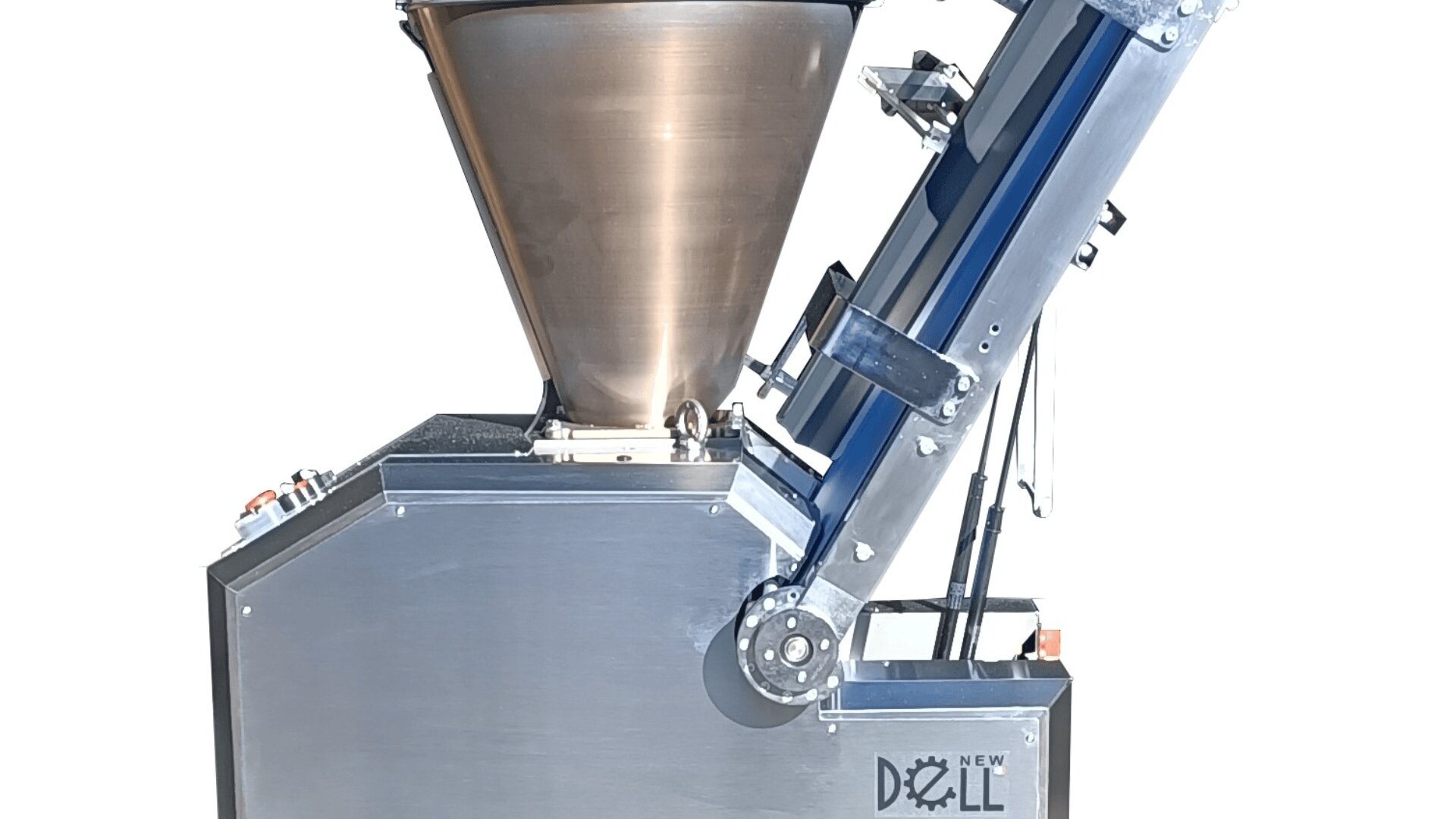 A stainless steel industrial machine with a large conical hopper, angled components, and control buttons, designed for automated processing. The logo New DALL is visible on the side.