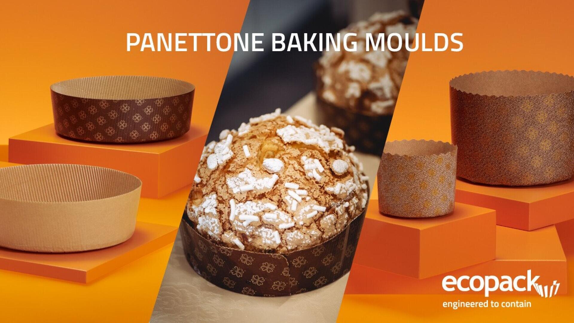 Round paper panettone baking moulds and a baked panettone are displayed on orange platforms, with PANETTONE BAKING MOULDS and ecopack engineered to contain text on the image.