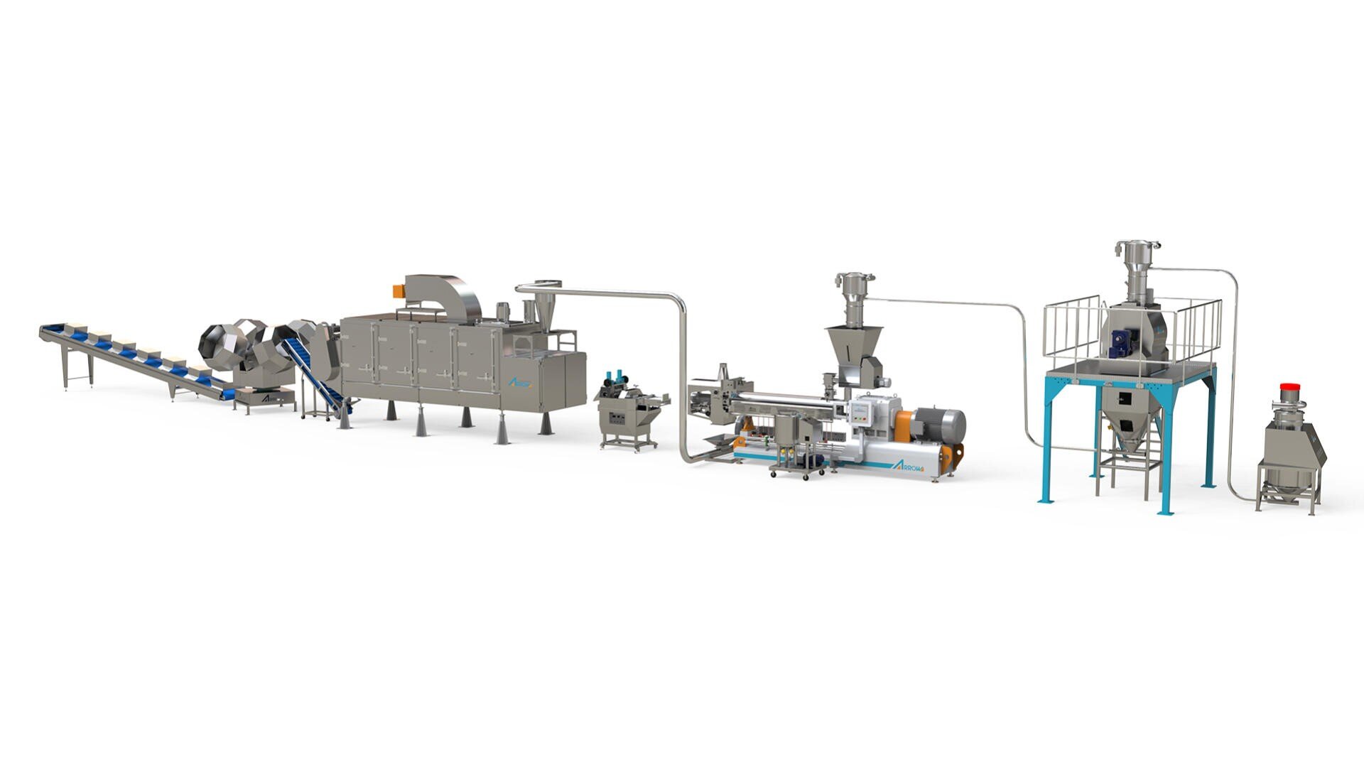 A food processing production line with various industrial machines connected by pipes and conveyors, including mixers, ovens, and packaging units, all arranged in sequence on a white background.