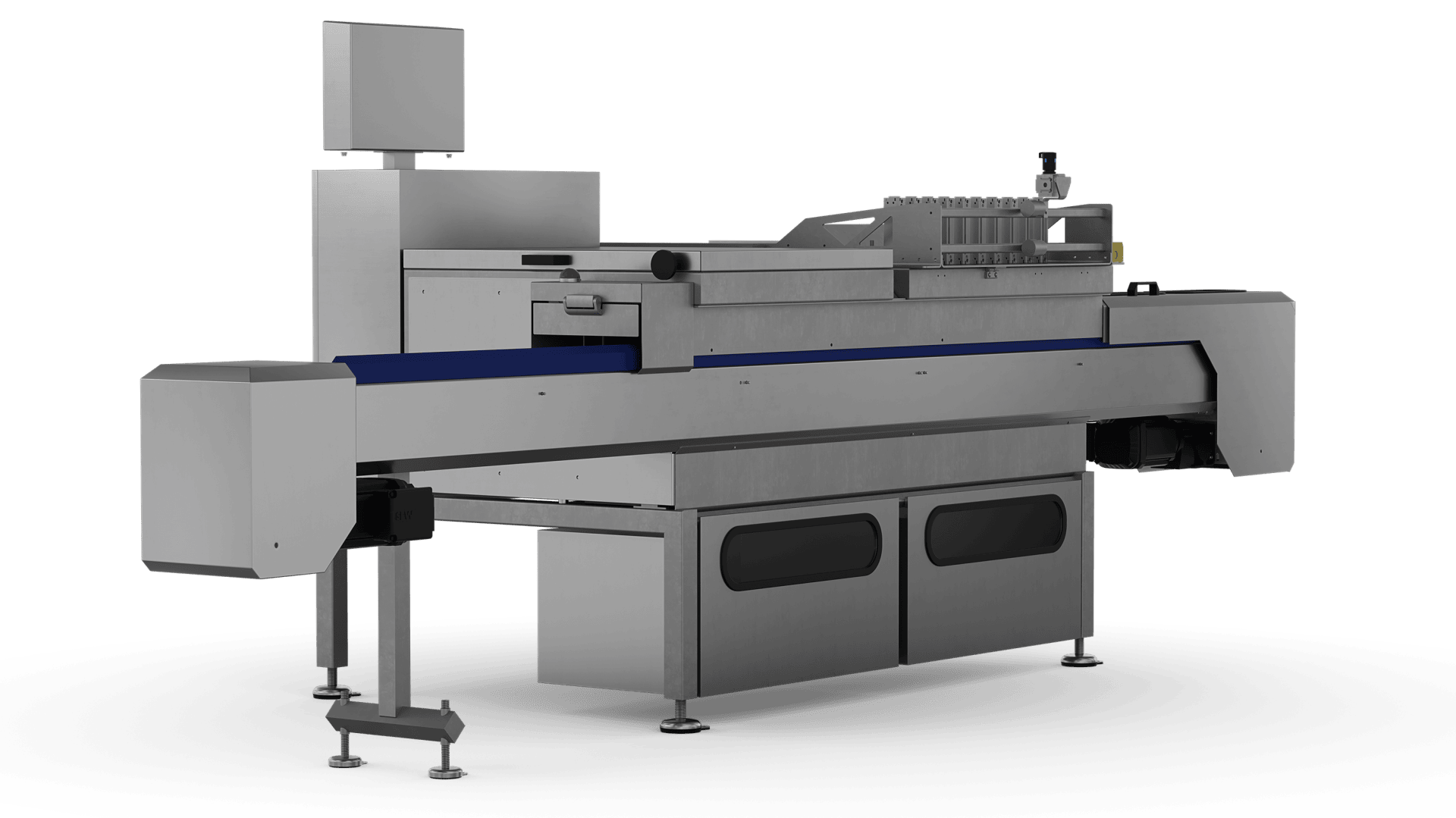 A large industrial stainless steel food processing or packaging machine with conveyor belt and control panel, set against a plain white background.