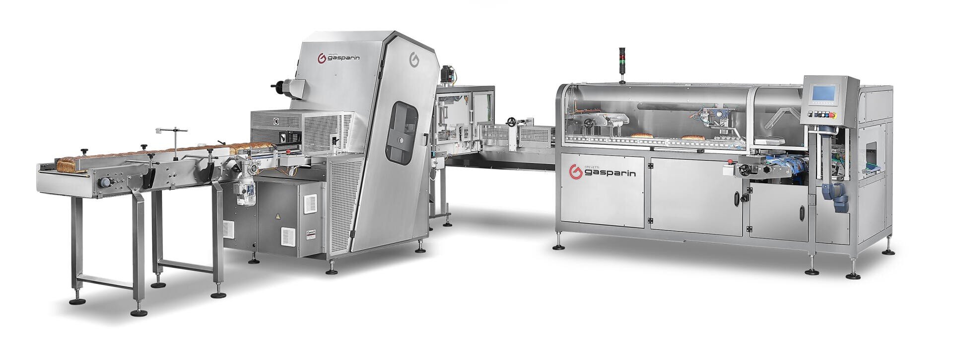 A stainless steel industrial bread slicing and packaging machine system with conveyor belts, safety guards, control panels, and visible Gasparin branding, designed for automated bakery production lines.