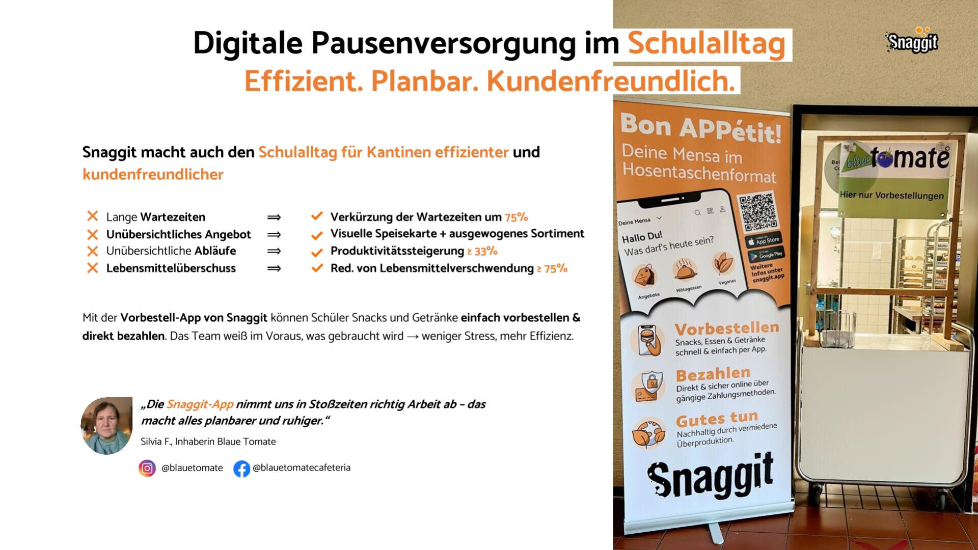 Ein Plakat und ein Stand werben für Snaggit, eine App zur effizienten Vorbestellung von Schulessen. Das Display vor dem Eingang einer Cafeteria mit Speisekarten listet Vorteile wie kürzere Wartezeiten auf und hebt die Online-Bestellung hervor.
