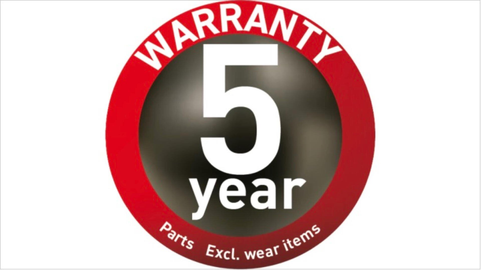 A circular badge with a red border that reads WARRANTY 5 year in large white text. The bottom rim says Parts Excl. wear items in smaller white letters.