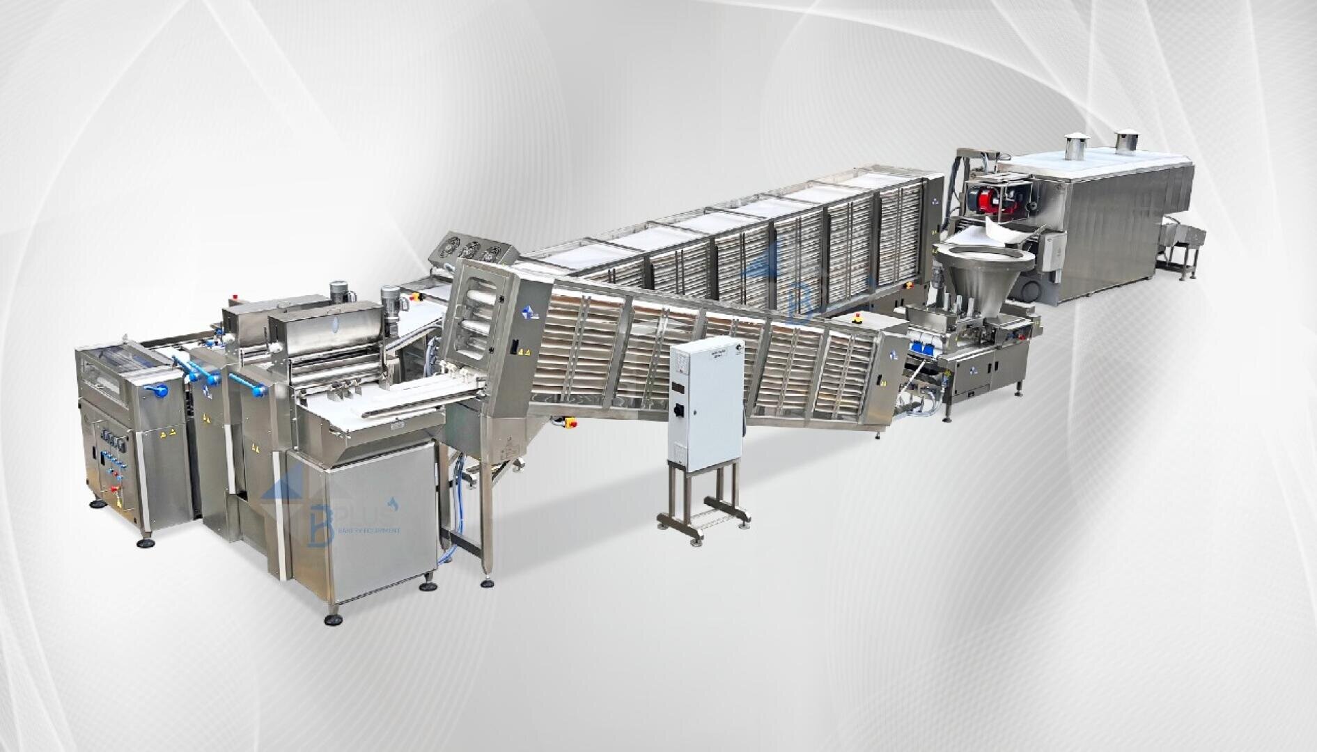 Large, industrial stainless steel food processing machine with conveyor belts, control panels, and interconnected compartments, set against a light, abstract background.