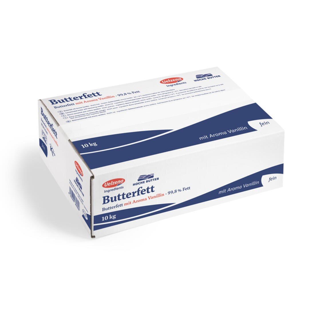 Eine weiße 10-kg-Packung Velezno Butterfett mit Vanillearoma, mit blauem und rotem Branding, deutschem Text und wellenförmigen blauen Designelementen auf der Verpackung.