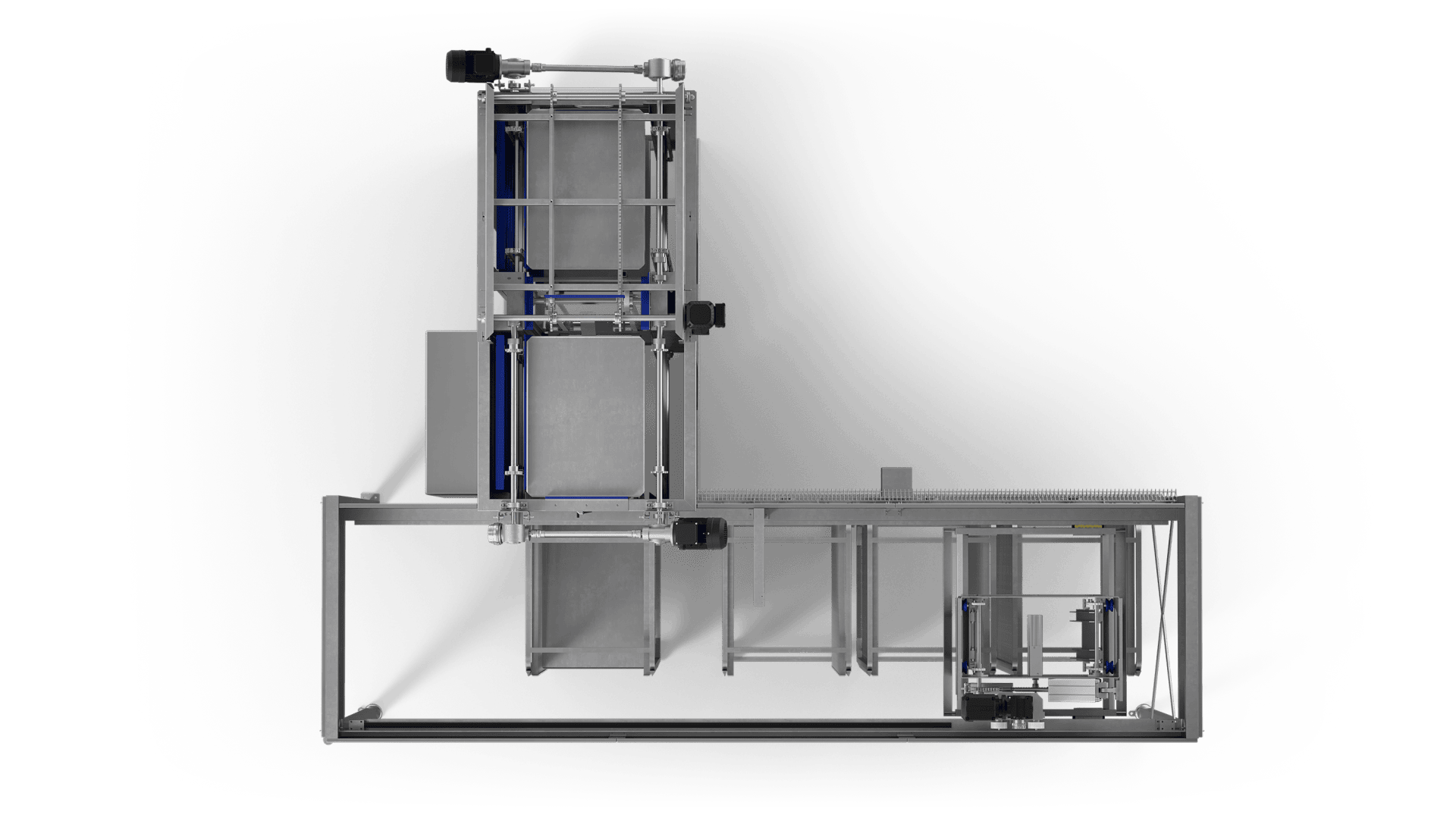 Top-down view of an industrial machine with metal frames, gears, and conveyor belts, featuring blue and black components, set against a white background. The machinery appears modular and systematically arranged.