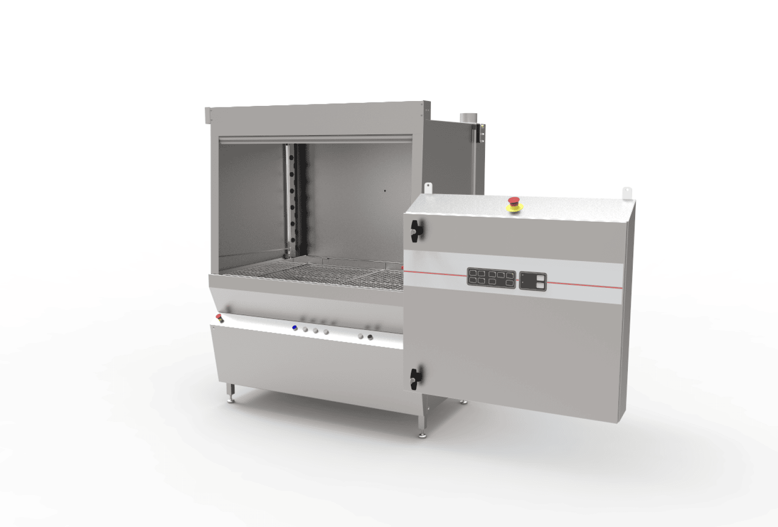 A large industrial stainless steel machine with a grated platform, control panel, and an open front door, set against a plain white background. The control panel features buttons and a digital display.