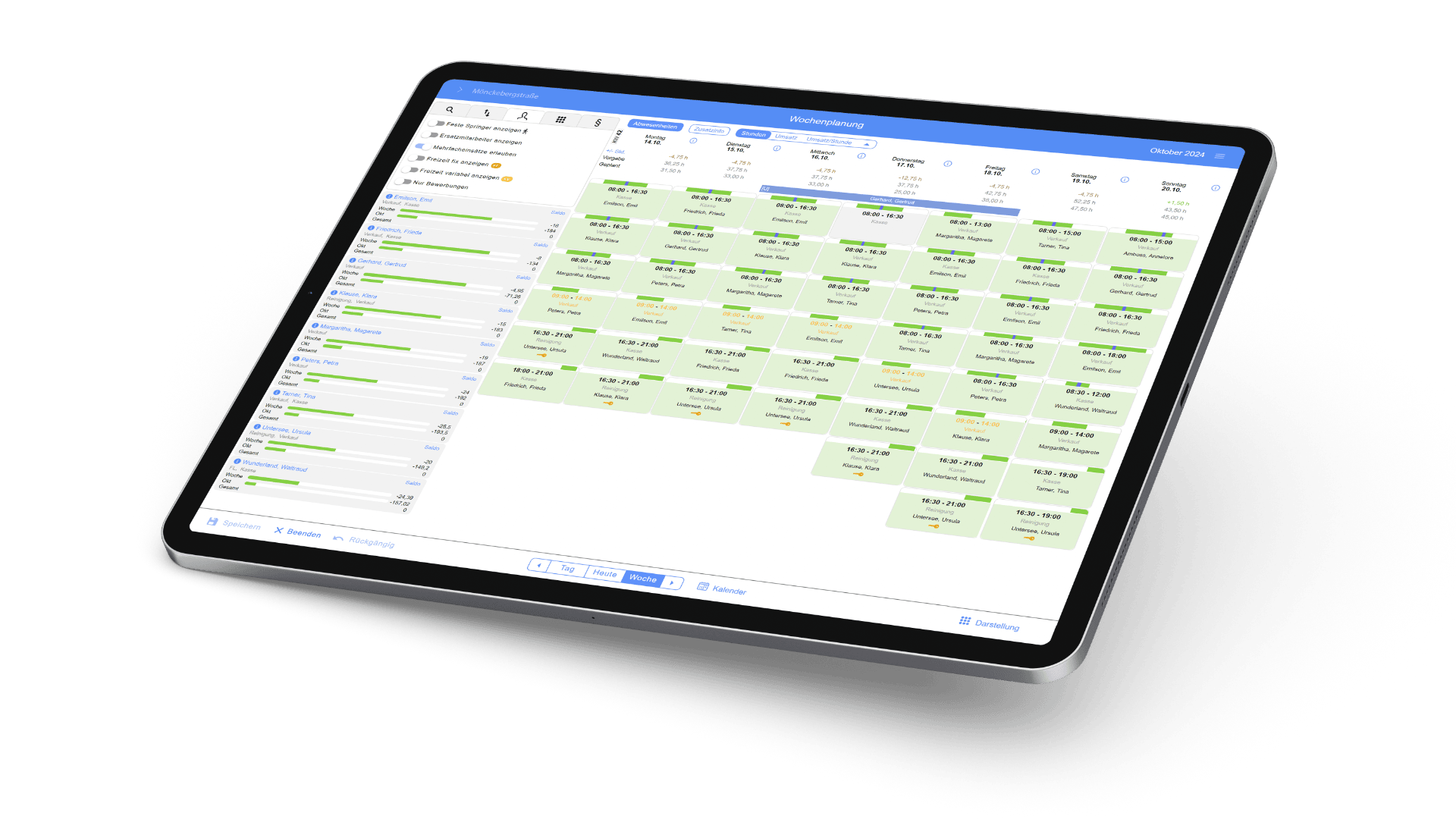 Ein Tablet, das eine Schnittstelle für einen Termin- oder Buchungskalender mit mehreren grünen Ereignisblöcken, Daten und einer Seitenleiste mit einer Liste von Namen und Details vor einem weißen Hintergrund anzeigt.