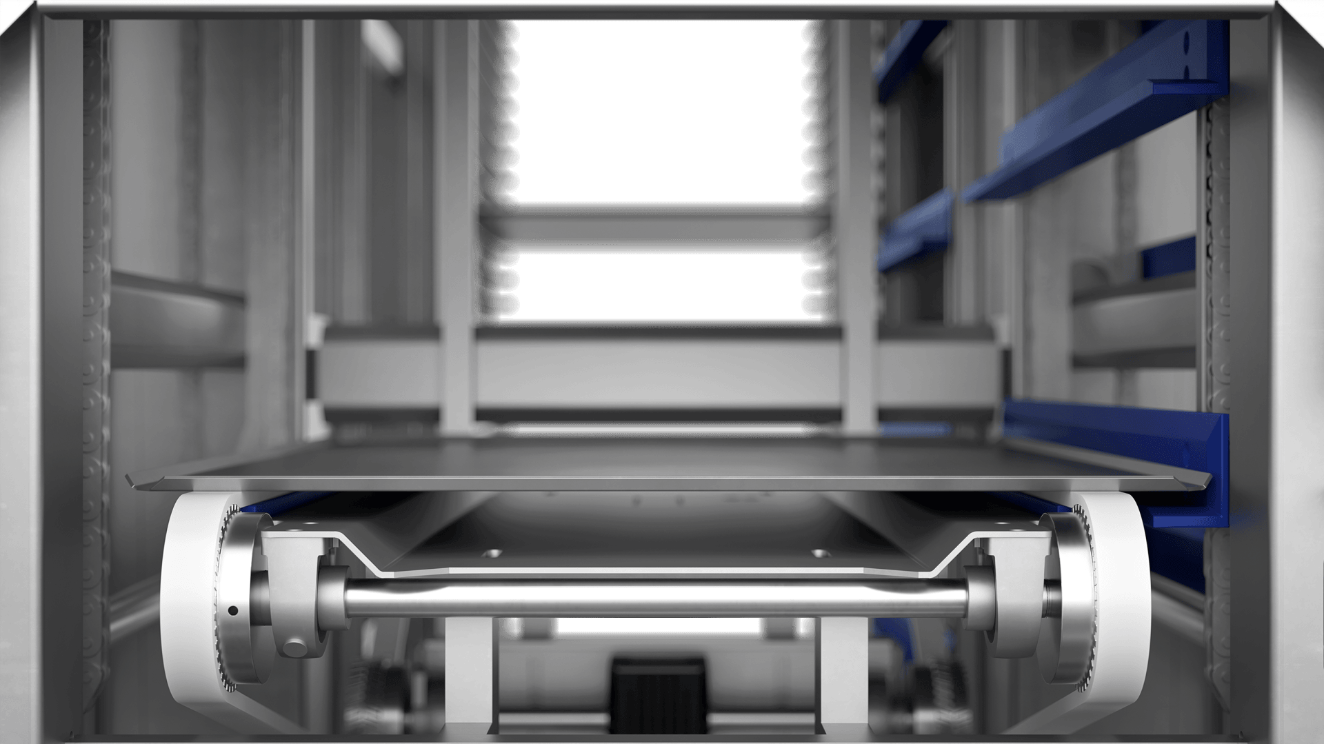 Close-up view of an automated industrial conveyor system with metal rollers and shelves, designed for material handling or storage in a warehouse or manufacturing environment.