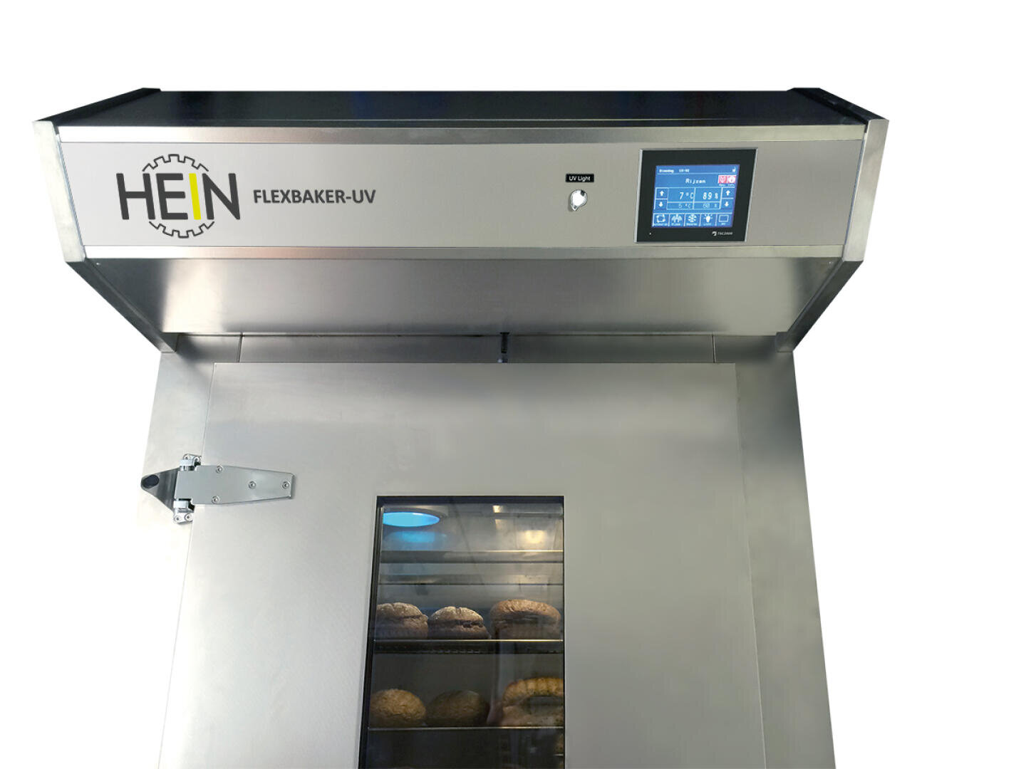 Ein kommerzieller Backofen aus Edelstahl mit der Aufschrift HEIN FLEXBAKER-UV mit digitalem Bedienfeld, verglaster Tür und mehreren sichtbaren Broten im Inneren.